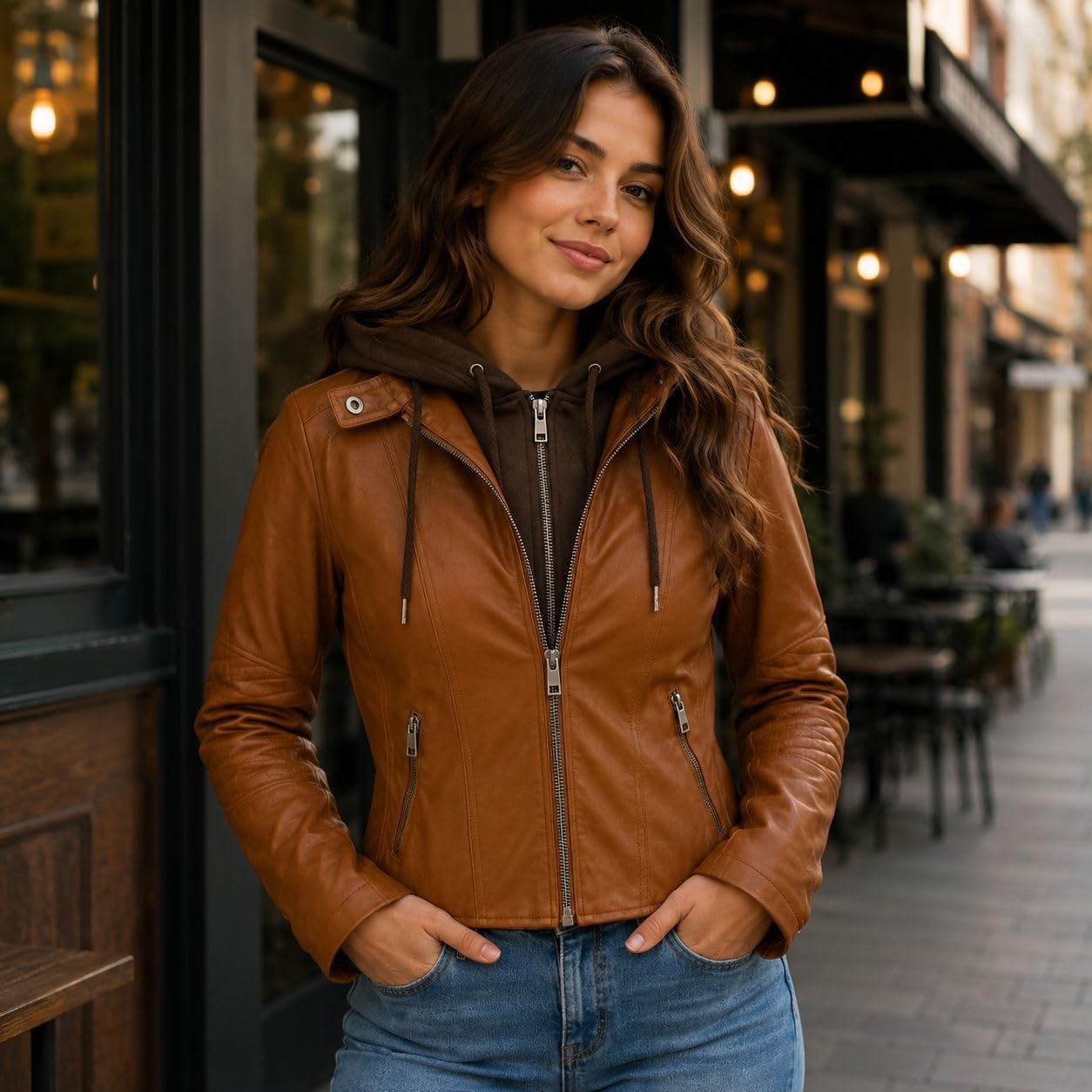 image:imageWomens Cropped Faux Leather Jacket with Removable Hood and Ribbed Side PanelsCamel