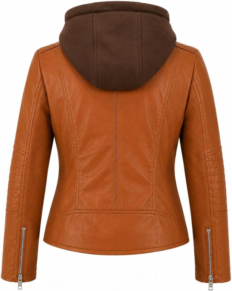 image:imageWomens Cropped Faux Leather Jacket with Removable Hood and Ribbed Side PanelsCamel