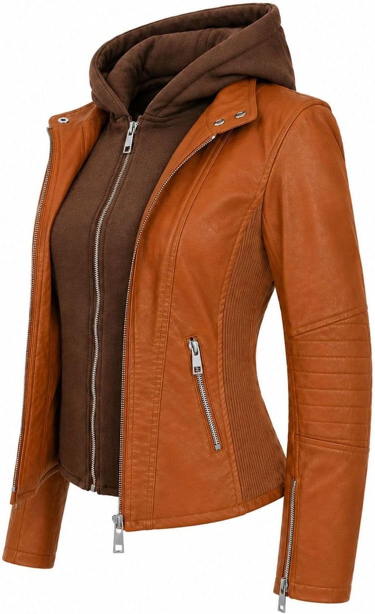 image:imageWomens Cropped Faux Leather Jacket with Removable Hood and Ribbed Side PanelsCamel