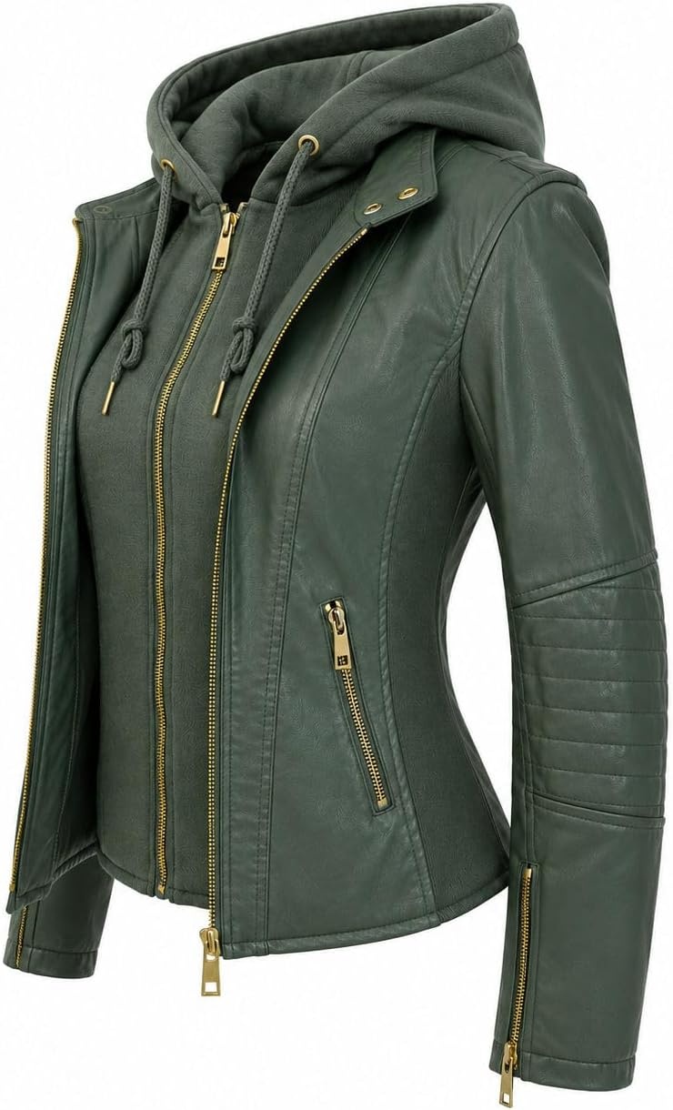 image:imageWomens Cropped Faux Leather Jacket with Removable Hood and Ribbed Side PanelsSage