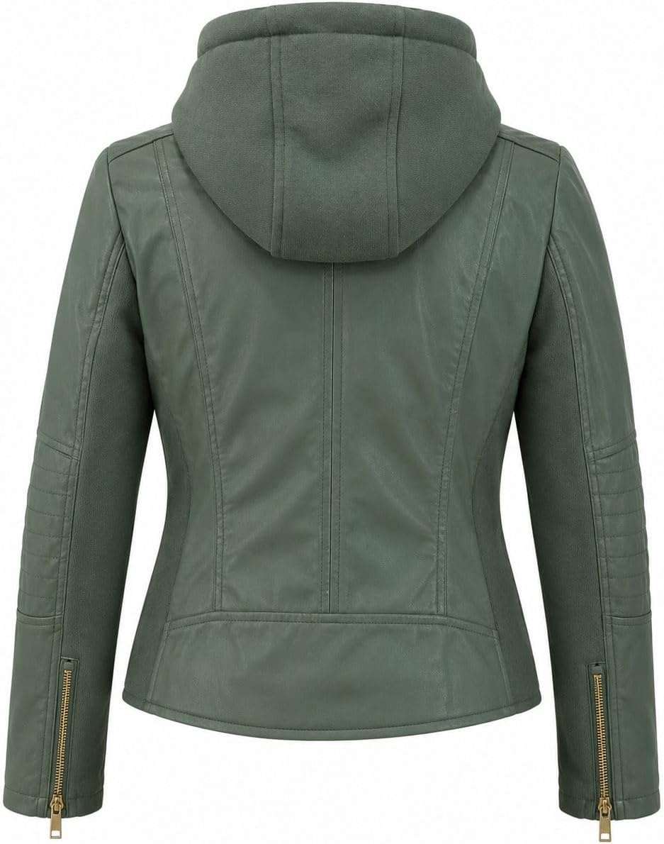 image:imageWomens Cropped Faux Leather Jacket with Removable Hood and Ribbed Side PanelsSage