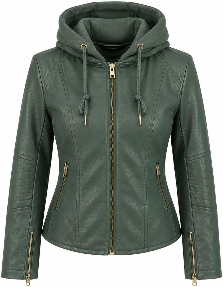 image:imageWomens Cropped Faux Leather Jacket with Removable Hood and Ribbed Side PanelsSage
