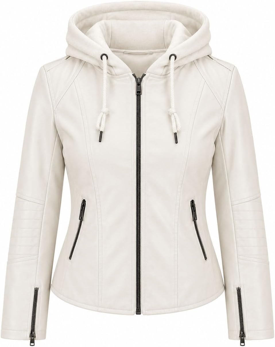 image:imageWomens Cropped Faux Leather Jacket with Removable Hood and Ribbed Side PanelsWhite