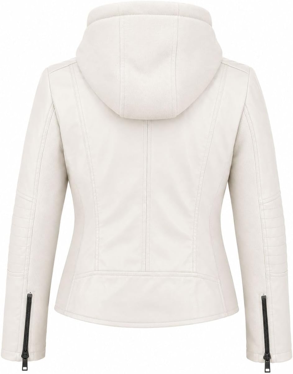 image:imageWomens Cropped Faux Leather Jacket with Removable Hood and Ribbed Side PanelsWhite