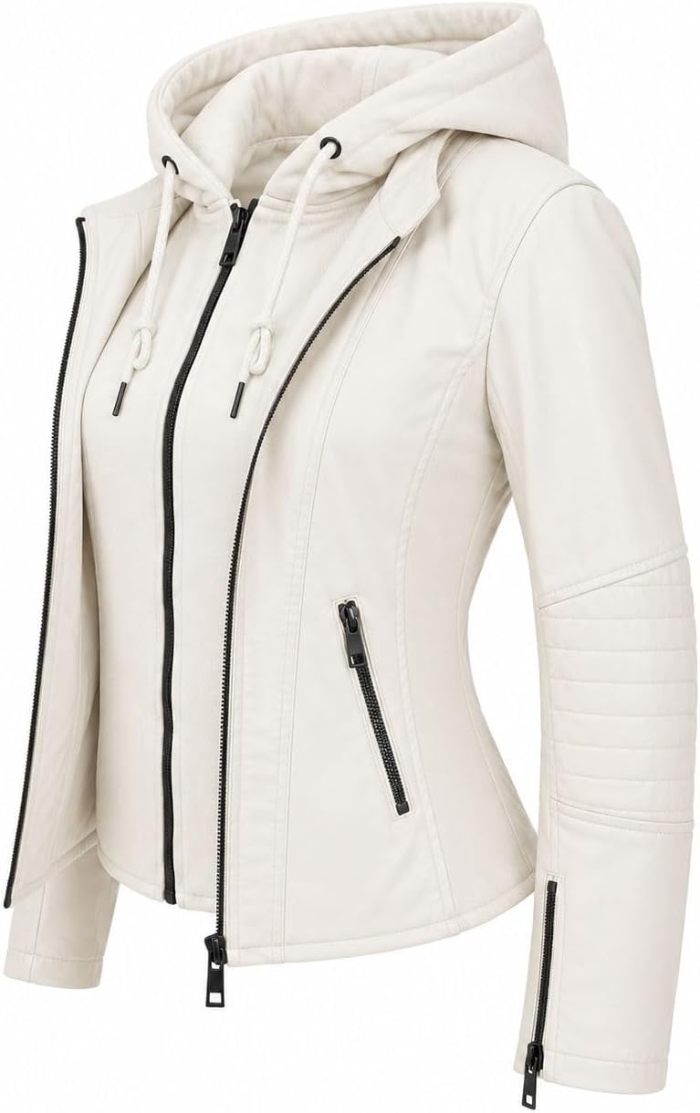 image:imageWomens Cropped Faux Leather Jacket with Removable Hood and Ribbed Side PanelsWhite