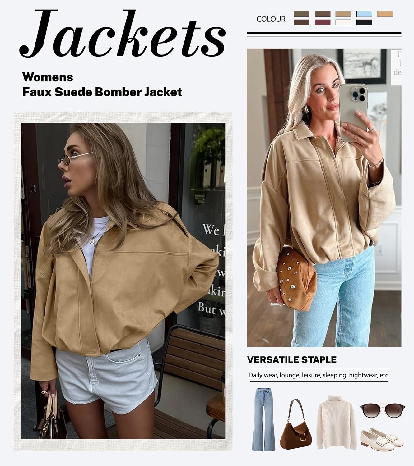 image:imageWomens Faux Suede Bomber Jacket Oversized Long Sleeve Cropped Coat Lightweight Going Out Suede Jackets 2 Pockets Lapel Collar Batwing Sleeve Zip up Outerwear for Casual Daily VacationLightkhaki