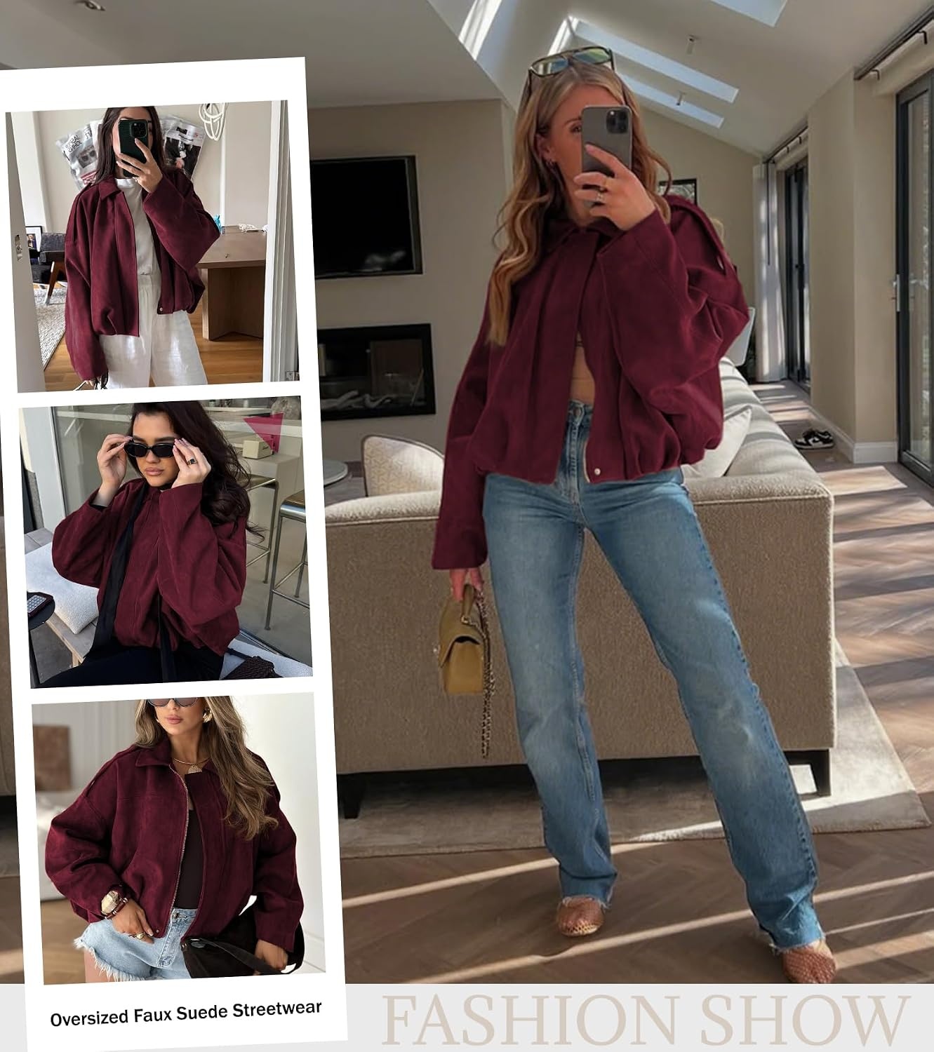 image:imageWomens Faux Suede Bomber Jacket Oversized Long Sleeve Cropped Coat Lightweight Going Out Suede Jackets 2 Pockets Lapel Collar Batwing Sleeve Zip up Outerwear for Casual Daily VacationPurple