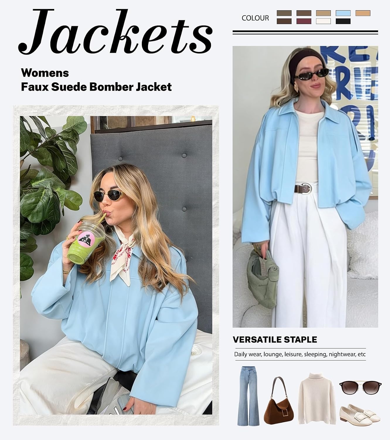 image:imageWomens Faux Suede Bomber Jacket Oversized Long Sleeve Cropped Coat Lightweight Going Out Suede Jackets 2 Pockets Lapel Collar Batwing Sleeve Zip up Outerwear for Casual Daily VacationBlue