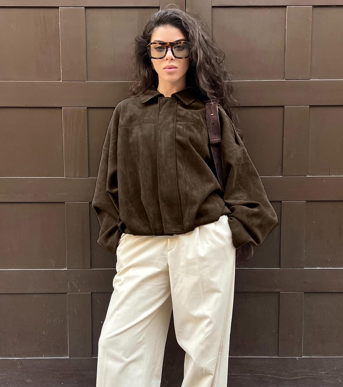 image:imageWomens Faux Suede Bomber Jacket Oversized Long Sleeve Cropped Coat Lightweight Going Out Suede Jackets 2 Pockets Lapel Collar Batwing Sleeve Zip up Outerwear for Casual Daily VacationBrown