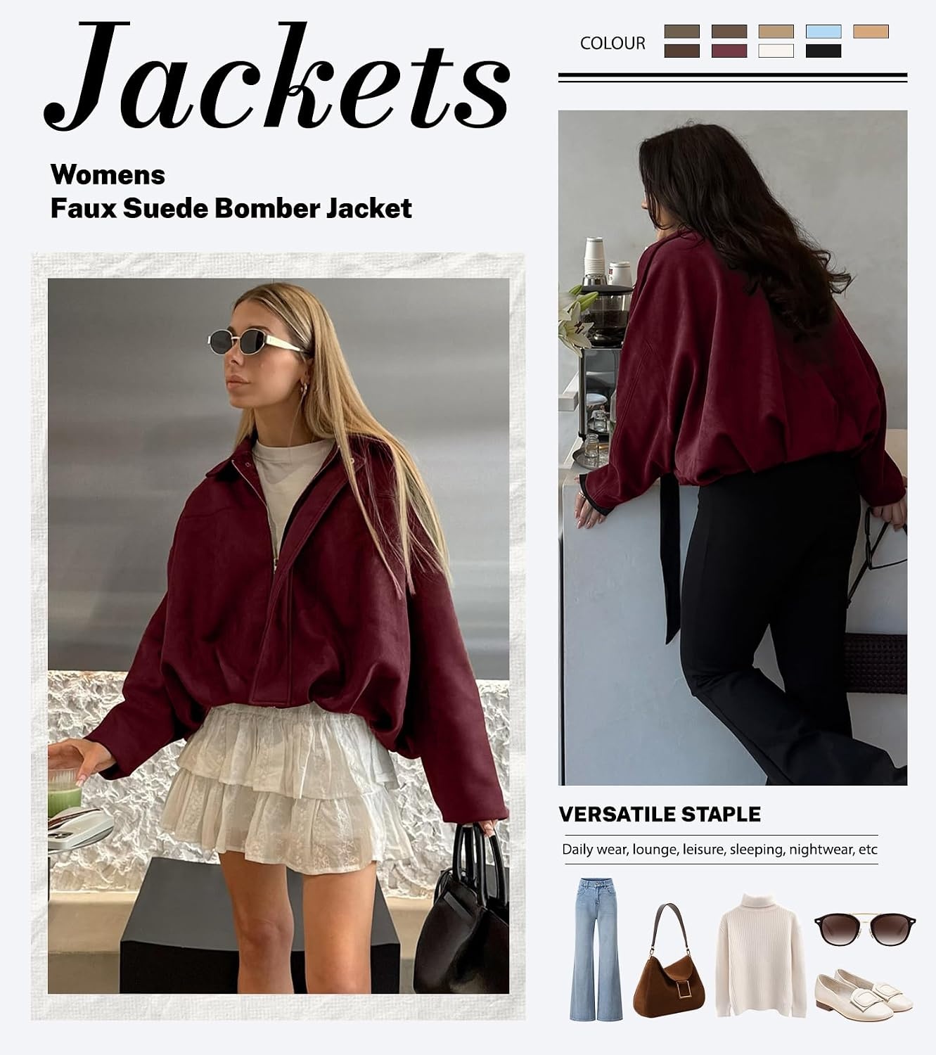 image:imageWomens Faux Suede Bomber Jacket Oversized Long Sleeve Cropped Coat Lightweight Going Out Suede Jackets 2 Pockets Lapel Collar Batwing Sleeve Zip up Outerwear for Casual Daily VacationPurple