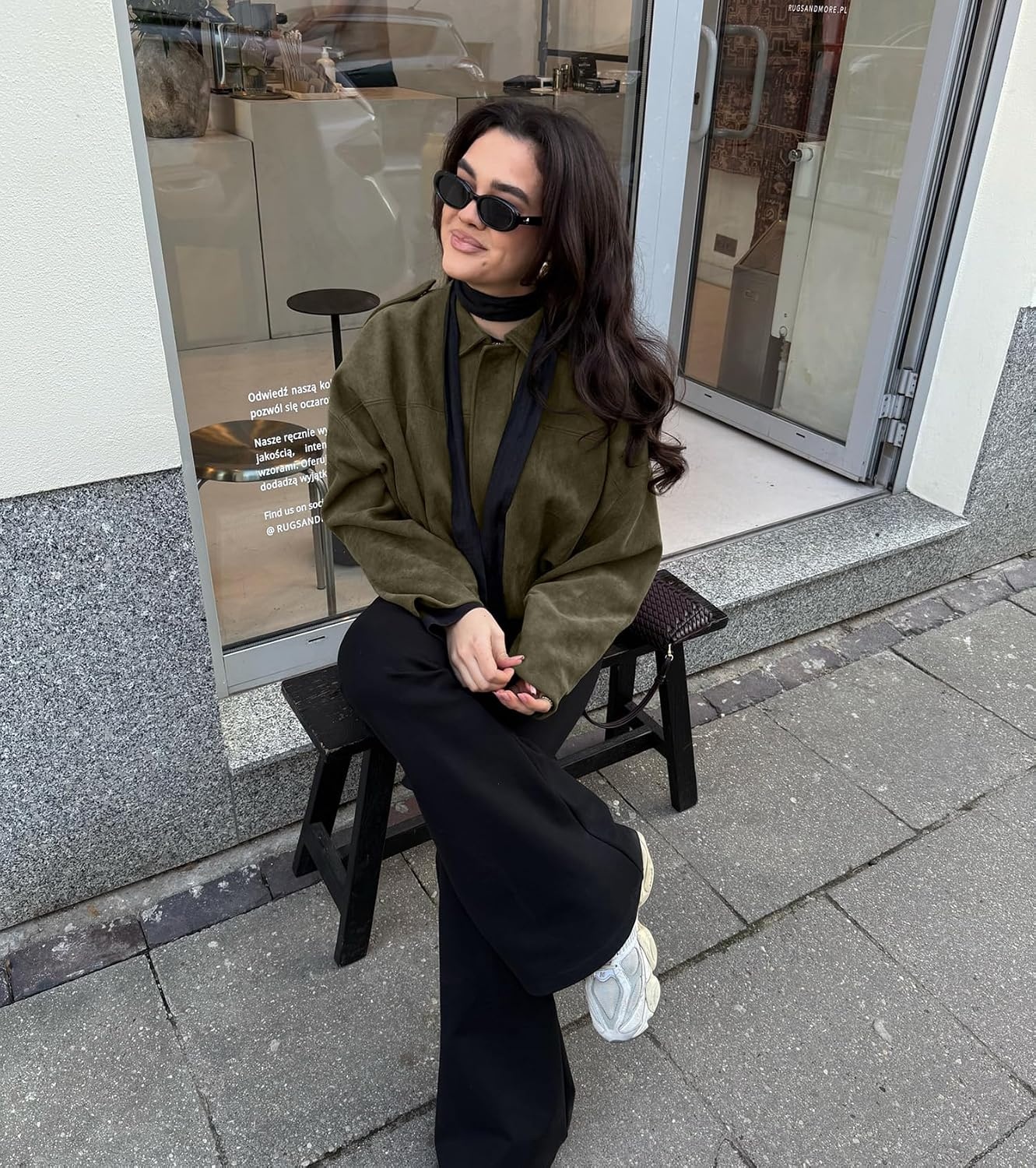 image:imageWomens Faux Suede Bomber Jacket Oversized Long Sleeve Cropped Coat Lightweight Going Out Suede Jackets 2 Pockets Lapel Collar Batwing Sleeve Zip up Outerwear for Casual Daily VacationGreen