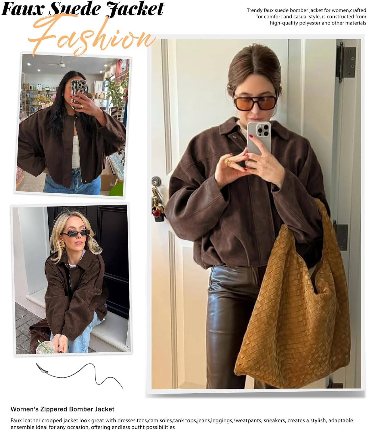 image:imageWomens Faux Suede Bomber Jacket Oversized Long Sleeve Cropped Coat Lightweight Going Out Suede Jackets 2 Pockets Lapel Collar Batwing Sleeve Zip up Outerwear for Casual Daily VacationCoffee