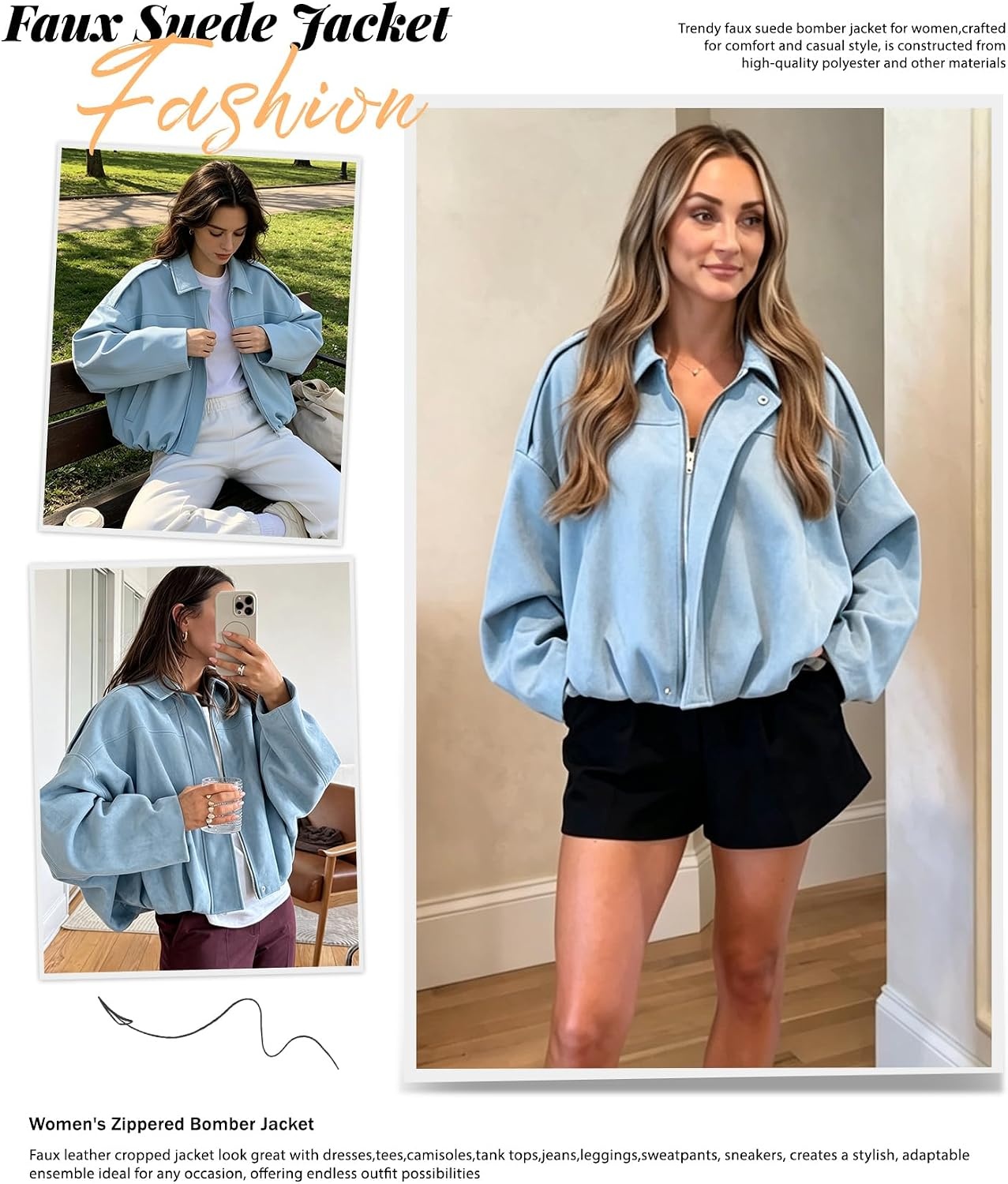 image:imageWomens Faux Suede Bomber Jacket Oversized Long Sleeve Cropped Coat Lightweight Going Out Suede Jackets 2 Pockets Lapel Collar Batwing Sleeve Zip up Outerwear for Casual Daily VacationBlue