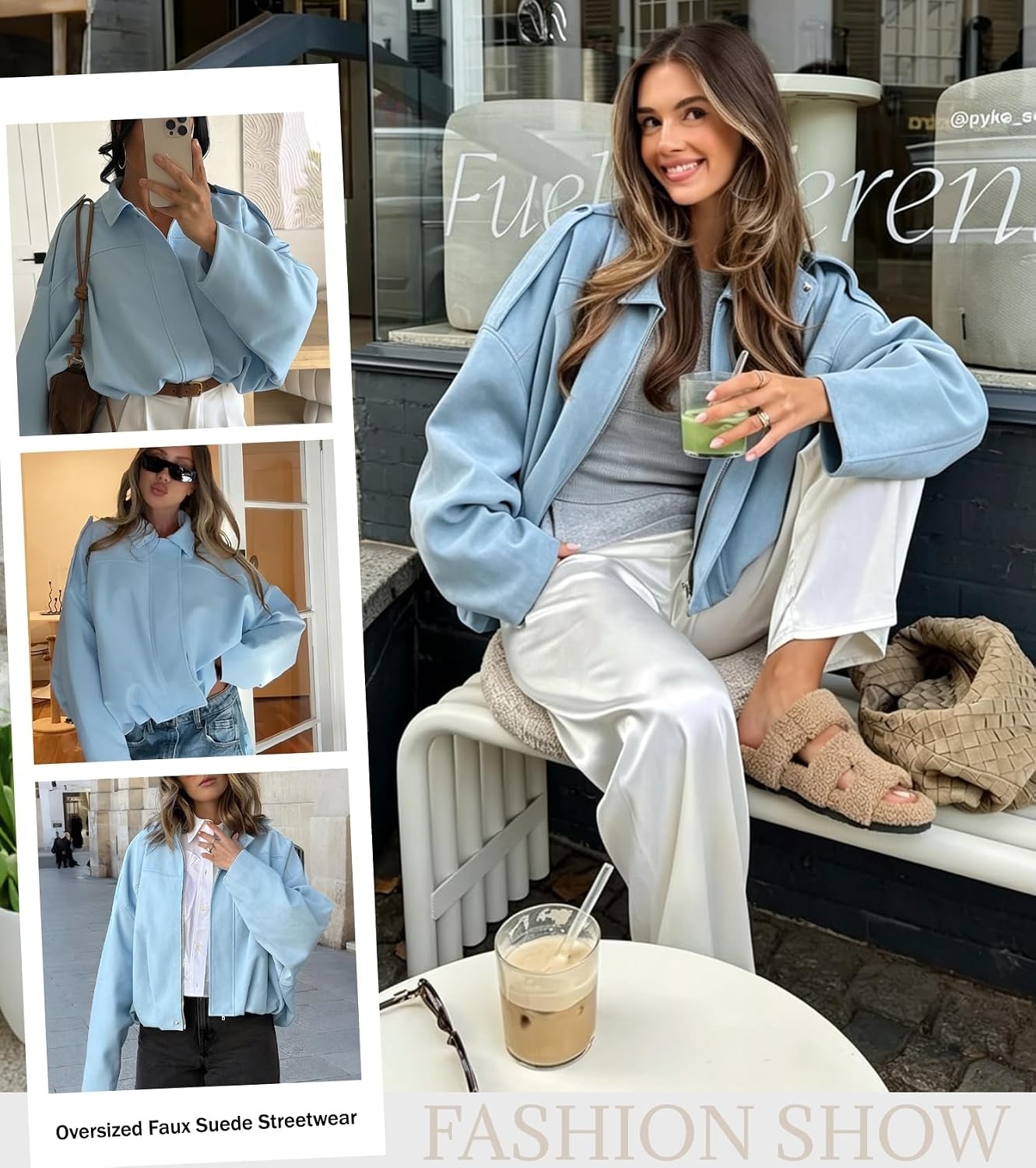 image:imageWomens Faux Suede Bomber Jacket Oversized Long Sleeve Cropped Coat Lightweight Going Out Suede Jackets 2 Pockets Lapel Collar Batwing Sleeve Zip up Outerwear for Casual Daily VacationBlue