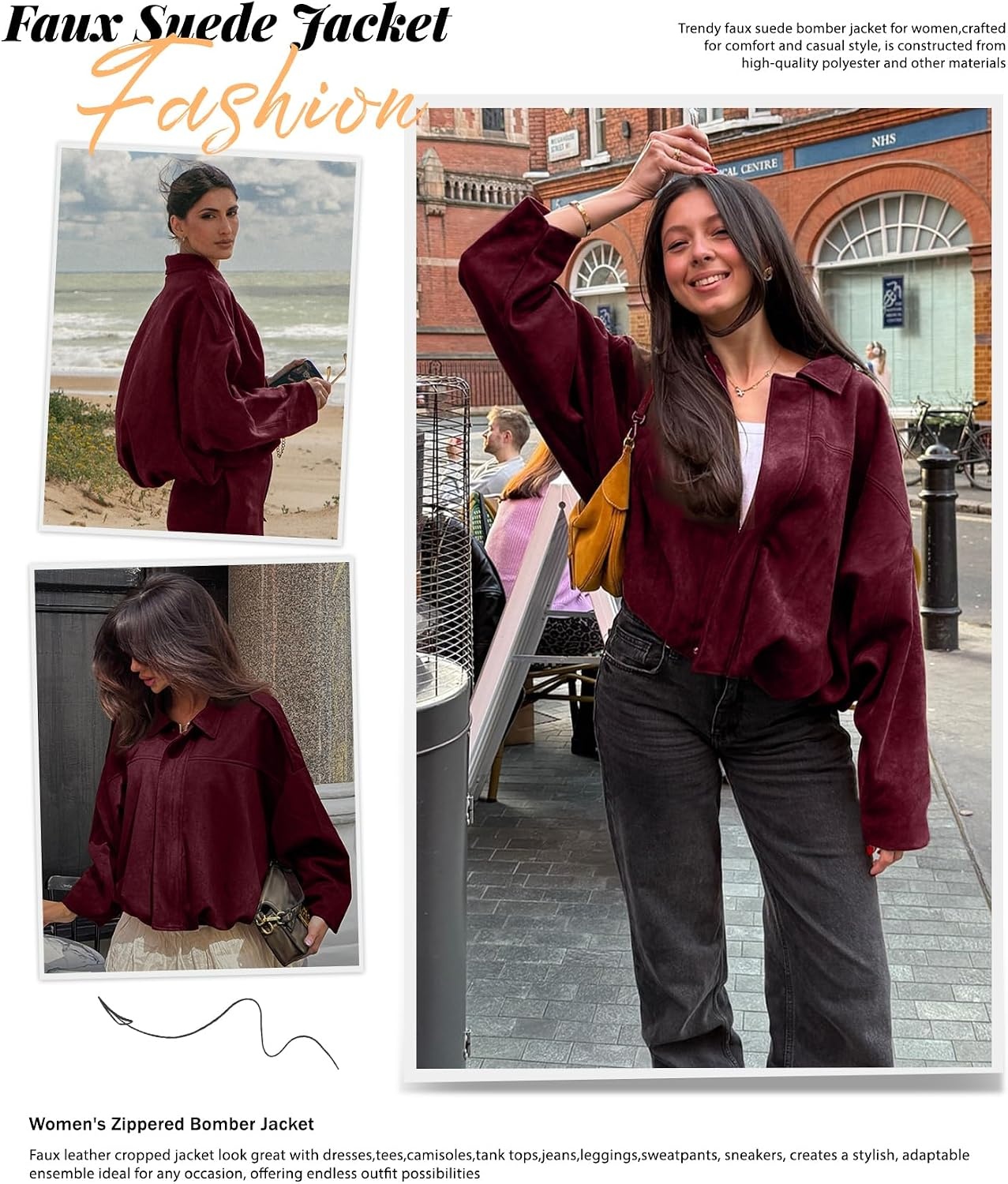 image:imageWomens Faux Suede Bomber Jacket Oversized Long Sleeve Cropped Coat Lightweight Going Out Suede Jackets 2 Pockets Lapel Collar Batwing Sleeve Zip up Outerwear for Casual Daily VacationPurple