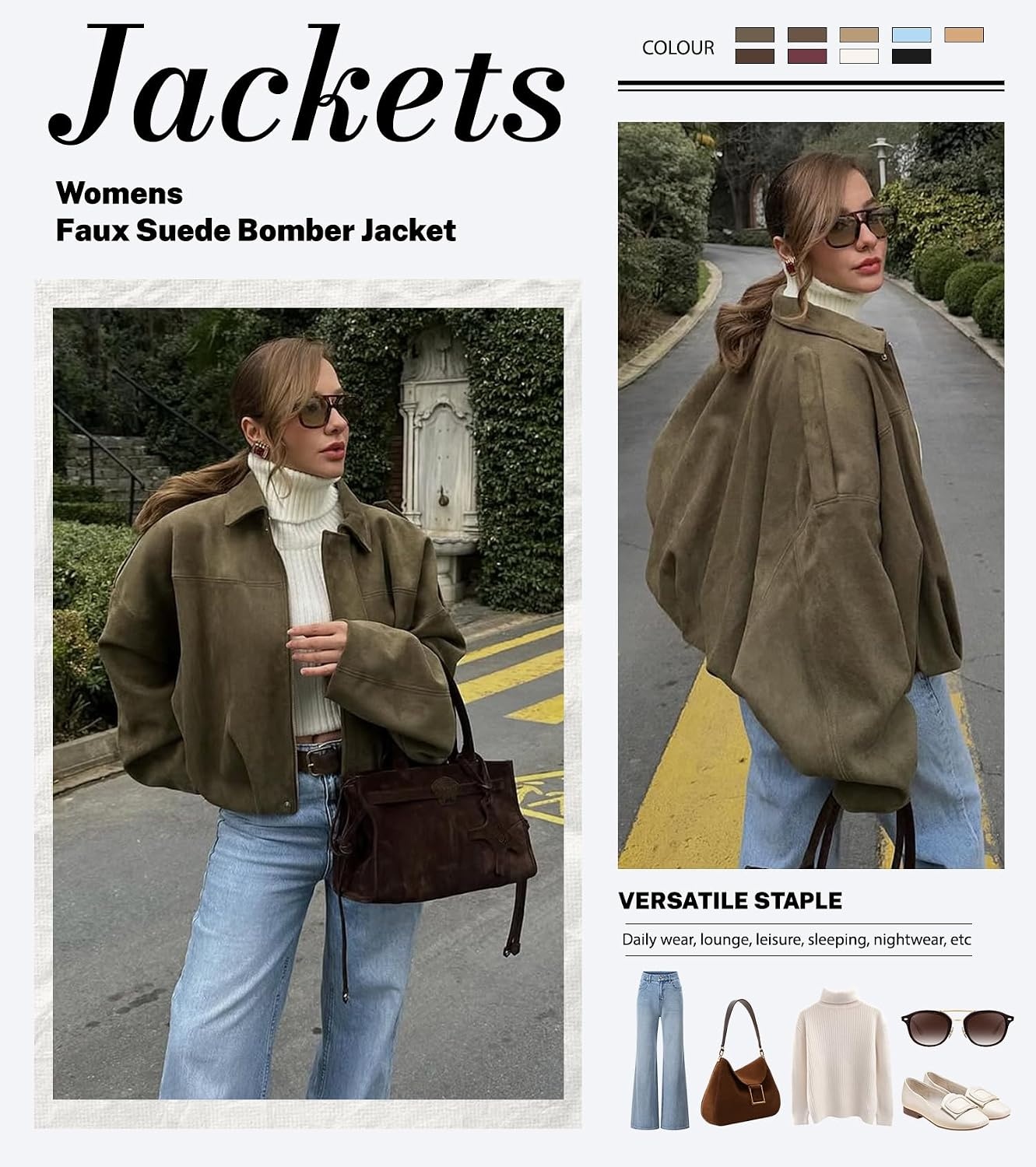 image:imageWomens Faux Suede Bomber Jacket Oversized Long Sleeve Cropped Coat Lightweight Going Out Suede Jackets 2 Pockets Lapel Collar Batwing Sleeve Zip up Outerwear for Casual Daily VacationGreen