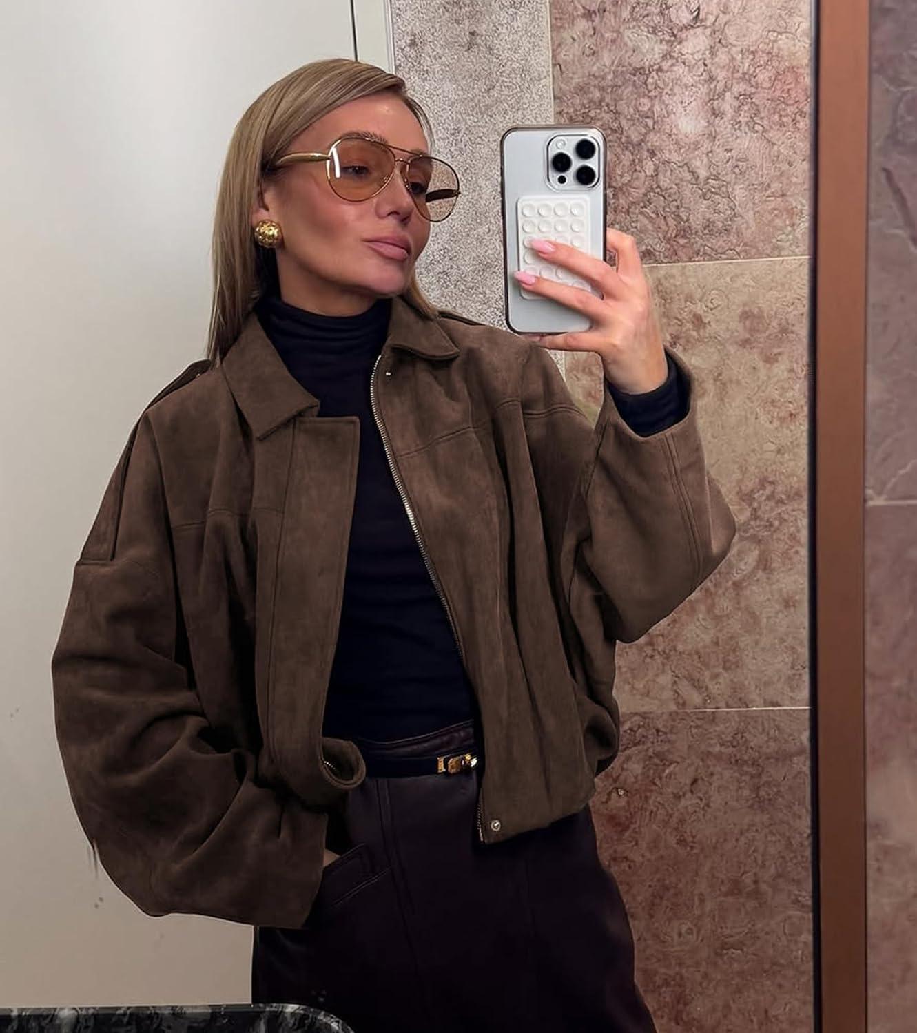 image:imageWomens Faux Suede Bomber Jacket Oversized Long Sleeve Cropped Coat Lightweight Going Out Suede Jackets 2 Pockets Lapel Collar Batwing Sleeve Zip up Outerwear for Casual Daily VacationCoffee