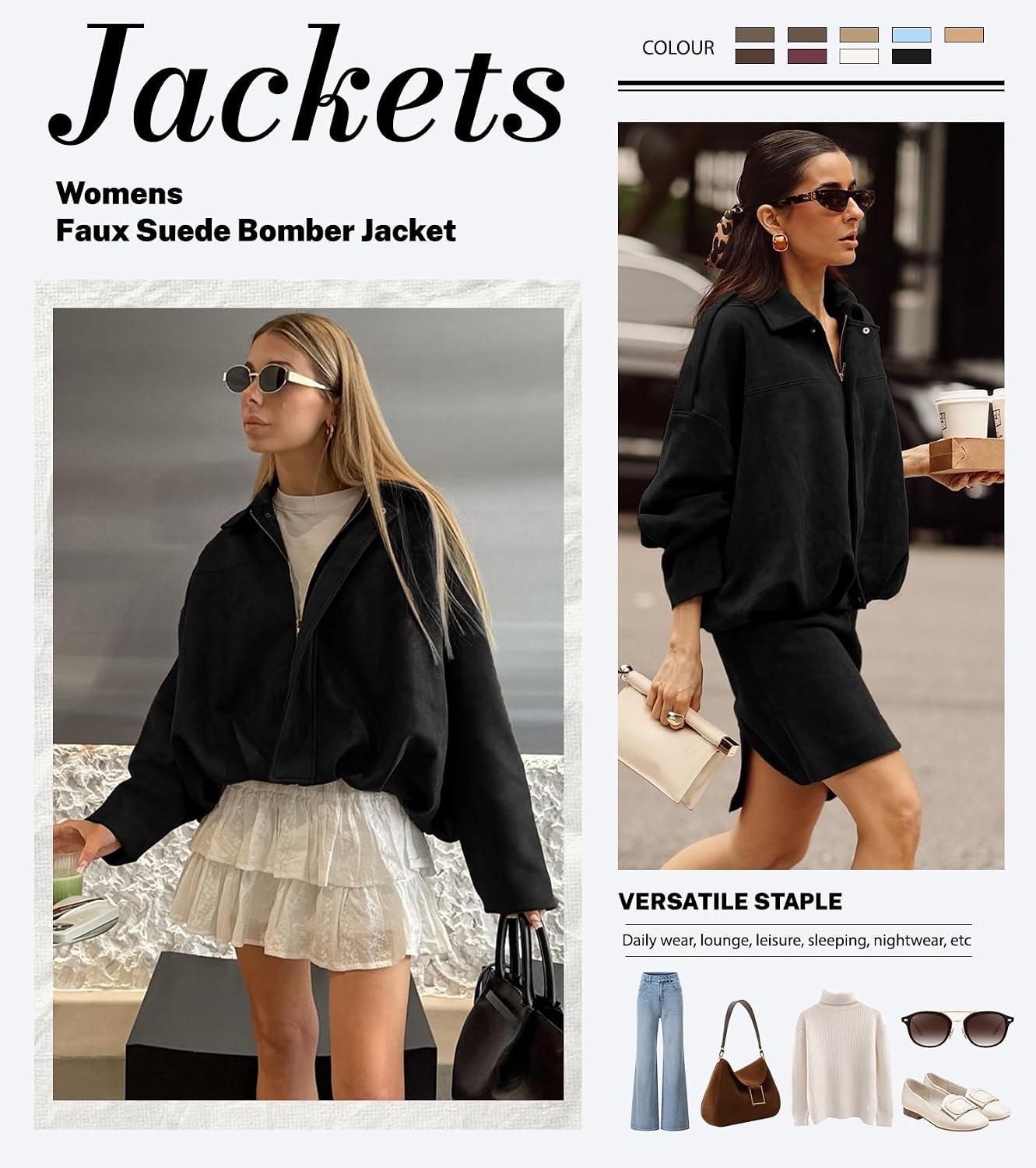 image:imageWomens Faux Suede Bomber Jacket Oversized Long Sleeve Cropped Coat Lightweight Going Out Suede Jackets 2 Pockets Lapel Collar Batwing Sleeve Zip up Outerwear for Casual Daily VacationBlack