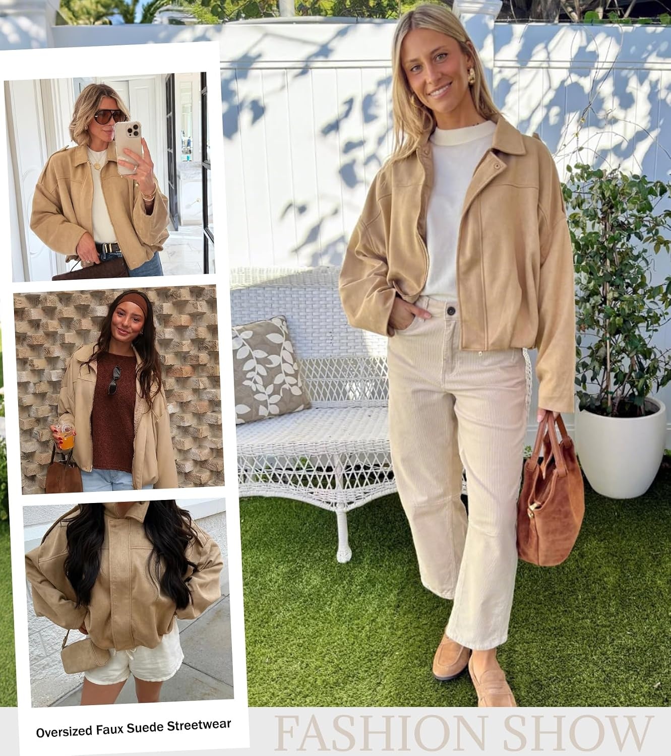 image:imageWomens Faux Suede Bomber Jacket Oversized Long Sleeve Cropped Coat Lightweight Going Out Suede Jackets 2 Pockets Lapel Collar Batwing Sleeve Zip up Outerwear for Casual Daily VacationLightkhaki