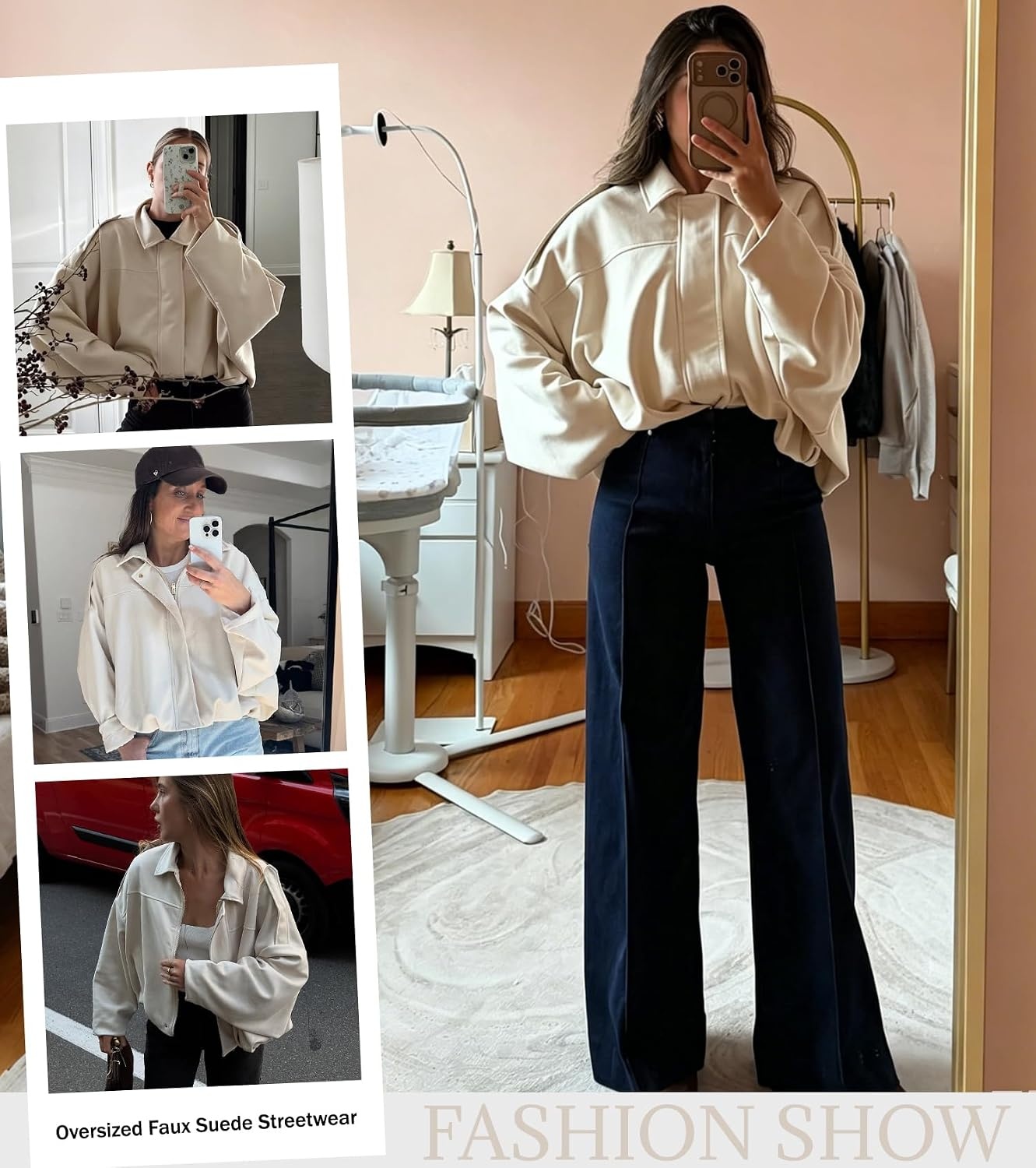 image:imageWomens Faux Suede Bomber Jacket Oversized Long Sleeve Cropped Coat Lightweight Going Out Suede Jackets 2 Pockets Lapel Collar Batwing Sleeve Zip up Outerwear for Casual Daily VacationBeige