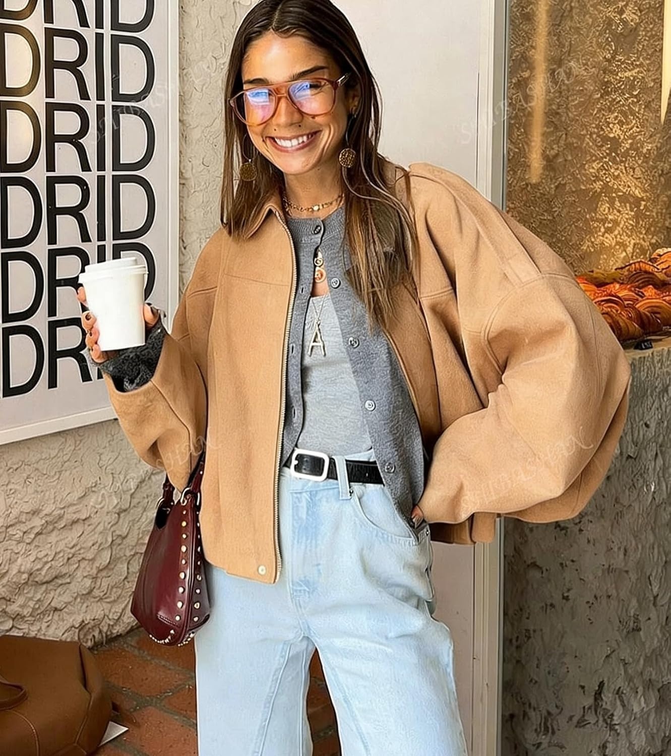 image:imageWomens Faux Suede Bomber Jacket Oversized Long Sleeve Cropped Coat Lightweight Going Out Suede Jackets 2 Pockets Lapel Collar Batwing Sleeve Zip up Outerwear for Casual Daily VacationKhaki
