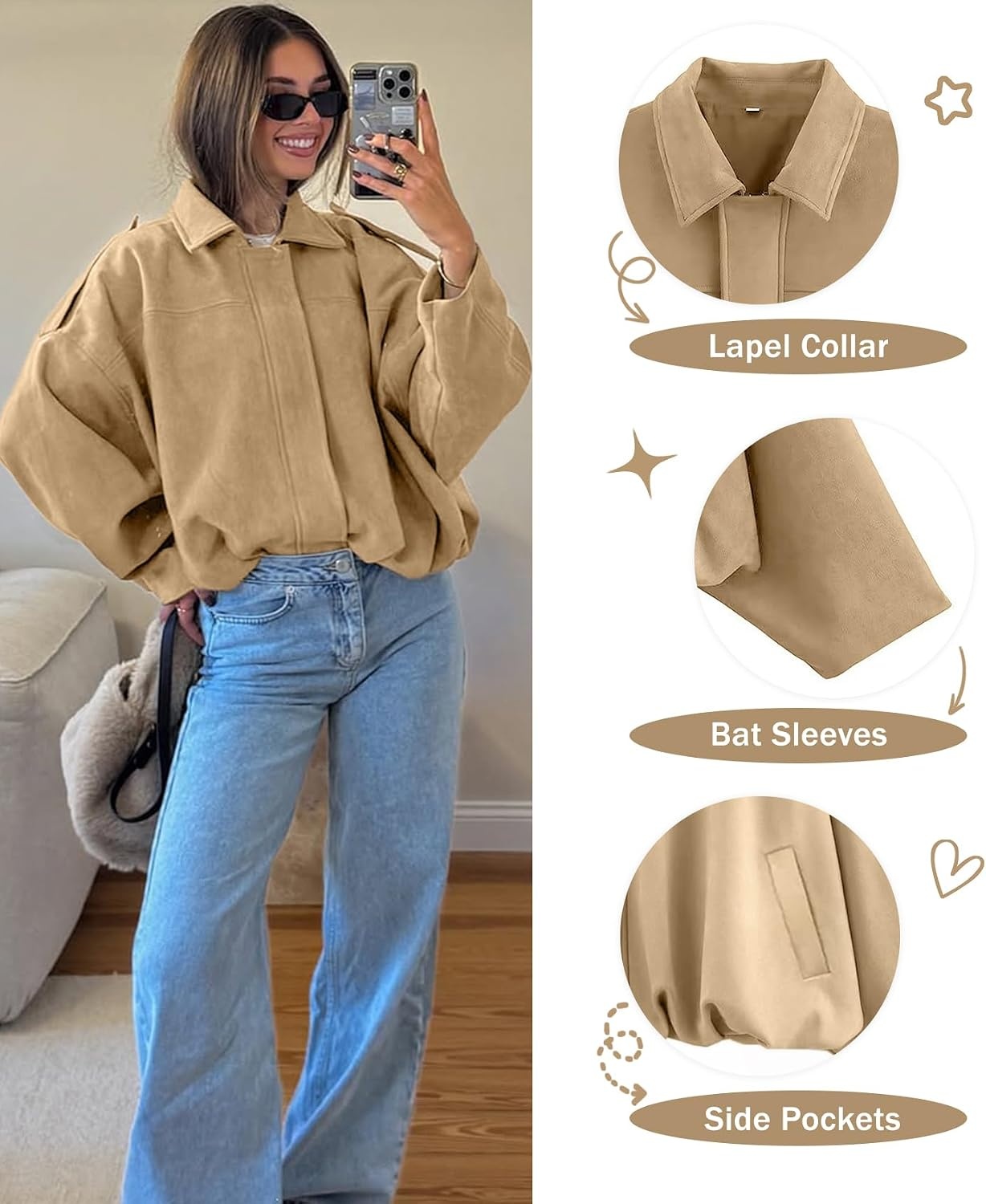 image:imageWomens Faux Suede Bomber Jacket Oversized Long Sleeve Cropped Coat Lightweight Going Out Suede Jackets 2 Pockets Lapel Collar Batwing Sleeve Zip up Outerwear for Casual Daily VacationLightkhaki