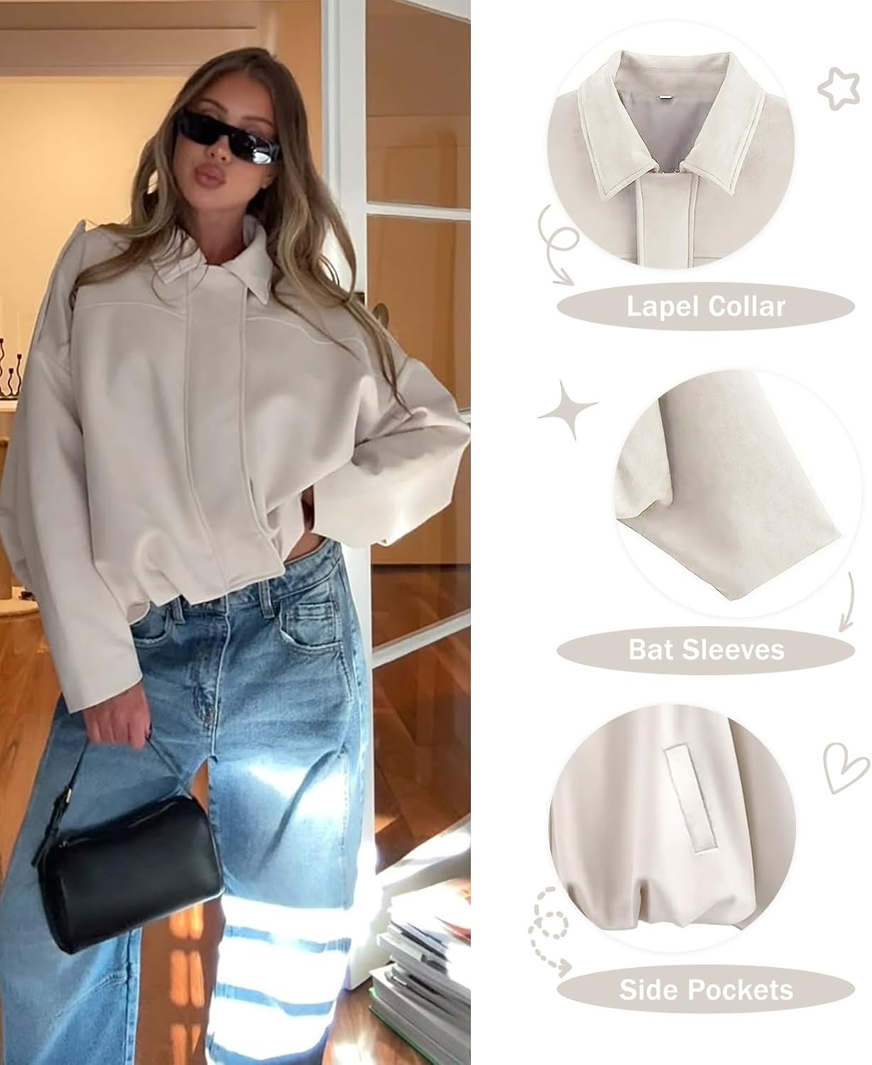image:imageWomens Faux Suede Bomber Jacket Oversized Long Sleeve Cropped Coat Lightweight Going Out Suede Jackets 2 Pockets Lapel Collar Batwing Sleeve Zip up Outerwear for Casual Daily VacationBeige
