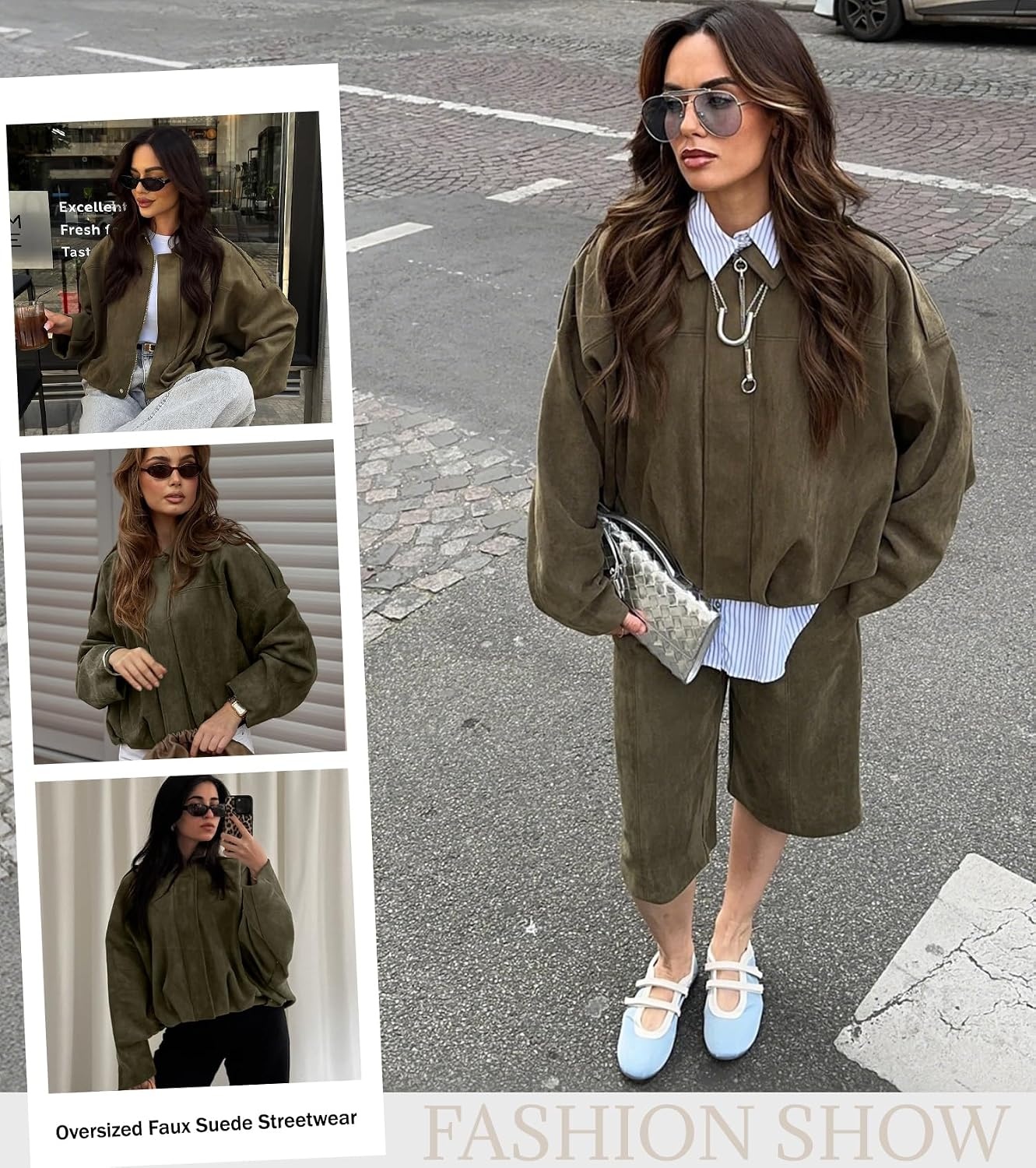 image:imageWomens Faux Suede Bomber Jacket Oversized Long Sleeve Cropped Coat Lightweight Going Out Suede Jackets 2 Pockets Lapel Collar Batwing Sleeve Zip up Outerwear for Casual Daily VacationGreen