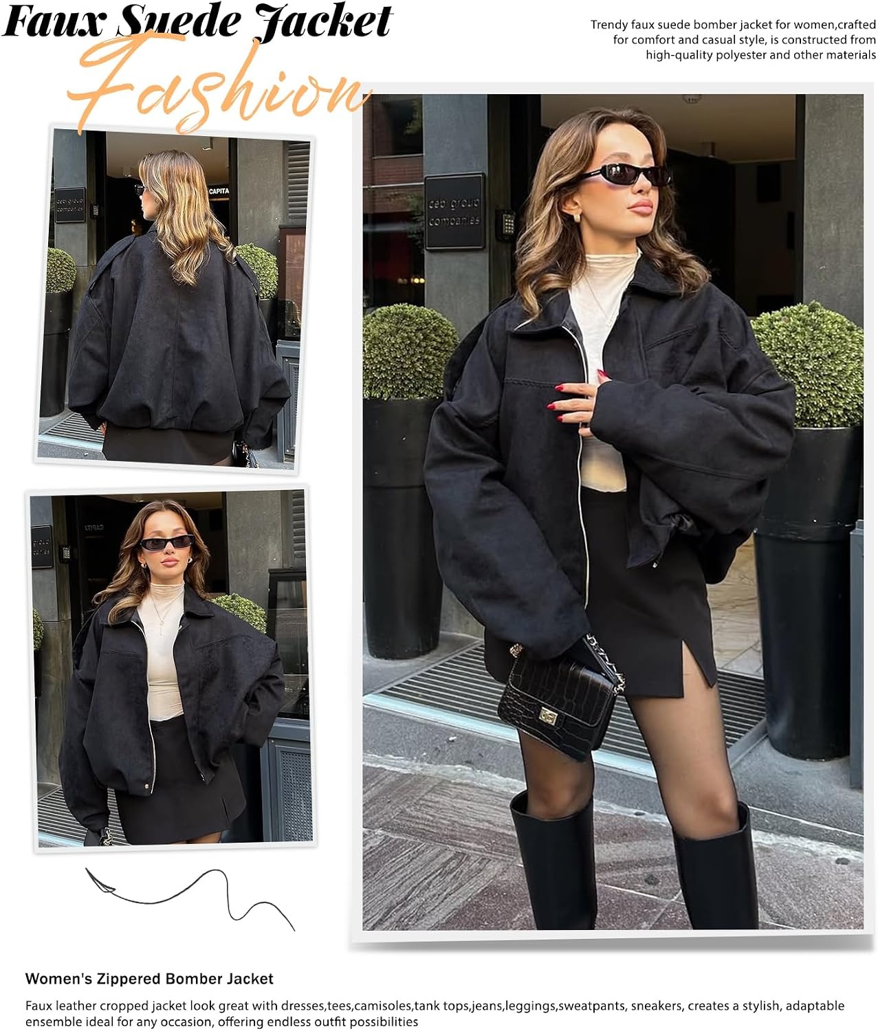 image:imageWomens Faux Suede Bomber Jacket Oversized Long Sleeve Cropped Coat Lightweight Going Out Suede Jackets 2 Pockets Lapel Collar Batwing Sleeve Zip up Outerwear for Casual Daily VacationBlack