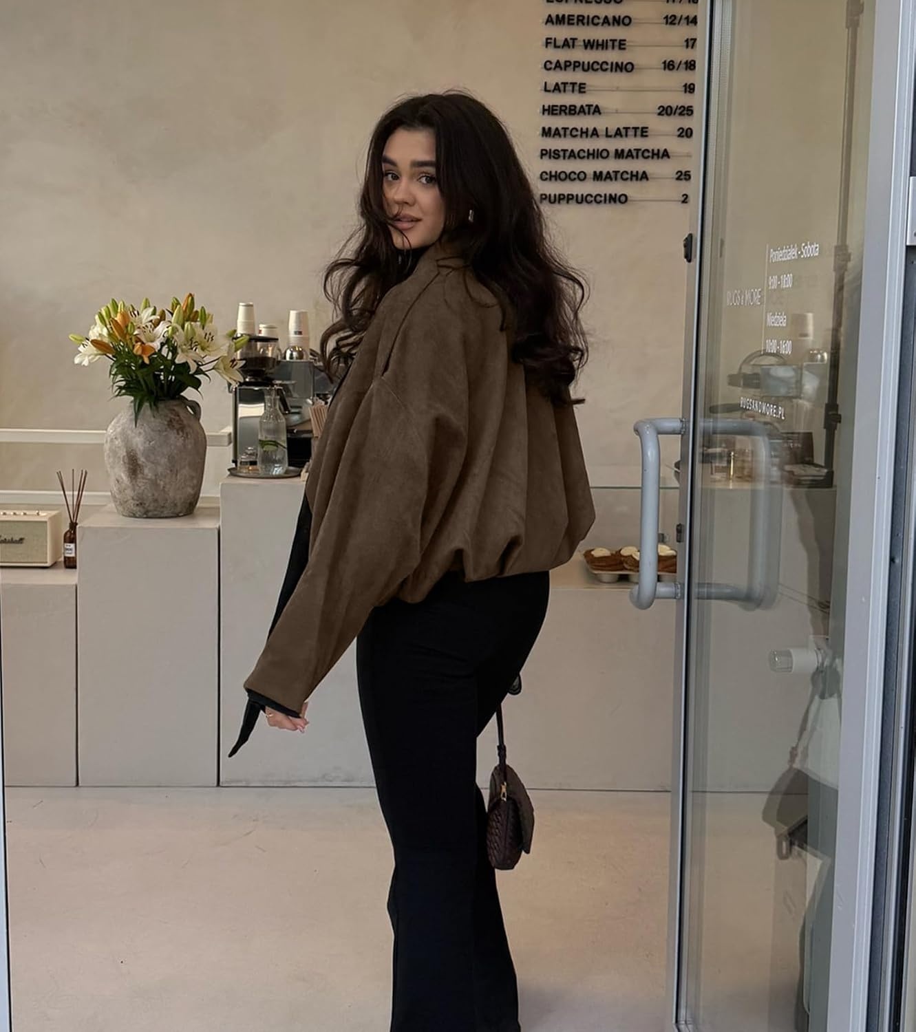 image:imageWomens Faux Suede Bomber Jacket Oversized Long Sleeve Cropped Coat Lightweight Going Out Suede Jackets 2 Pockets Lapel Collar Batwing Sleeve Zip up Outerwear for Casual Daily VacationBrown
