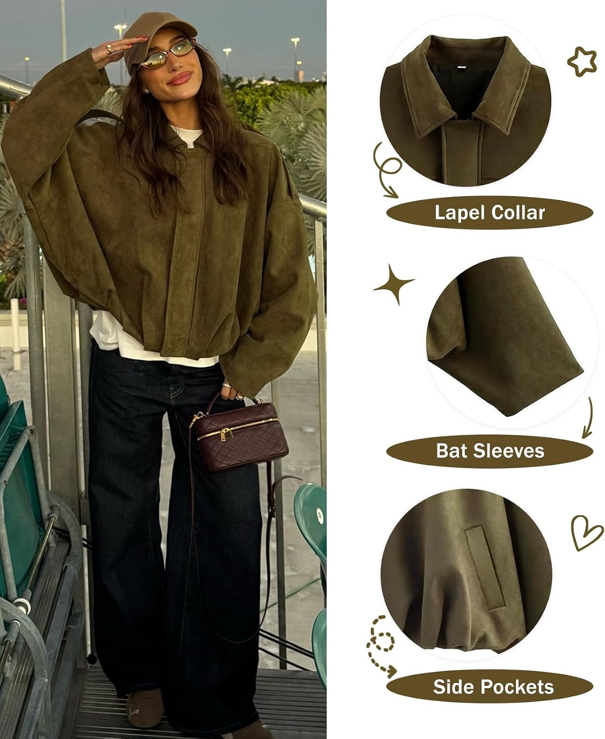 image:imageWomens Faux Suede Bomber Jacket Oversized Long Sleeve Cropped Coat Lightweight Going Out Suede Jackets 2 Pockets Lapel Collar Batwing Sleeve Zip up Outerwear for Casual Daily VacationGreen