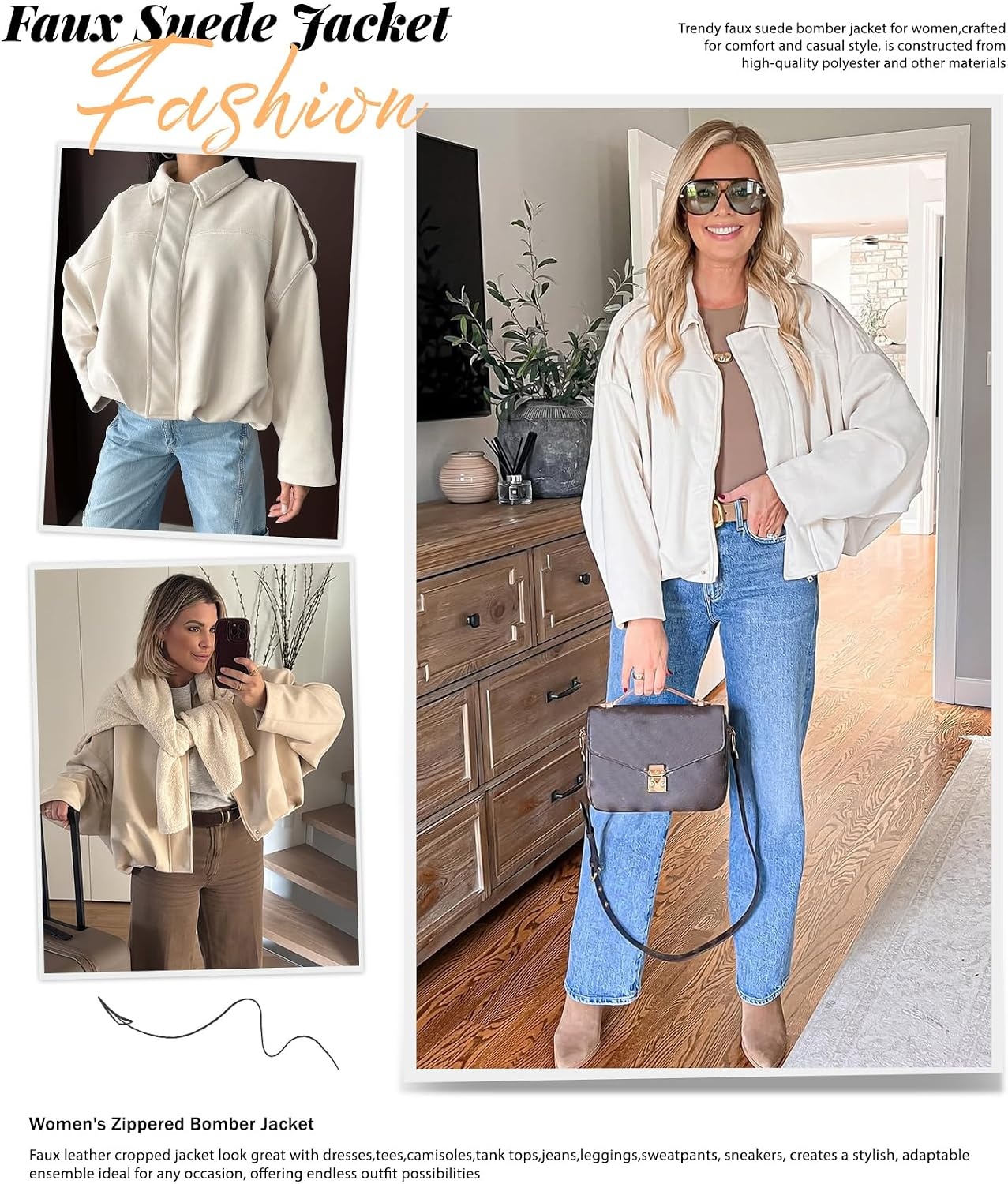image:imageWomens Faux Suede Bomber Jacket Oversized Long Sleeve Cropped Coat Lightweight Going Out Suede Jackets 2 Pockets Lapel Collar Batwing Sleeve Zip up Outerwear for Casual Daily VacationBeige