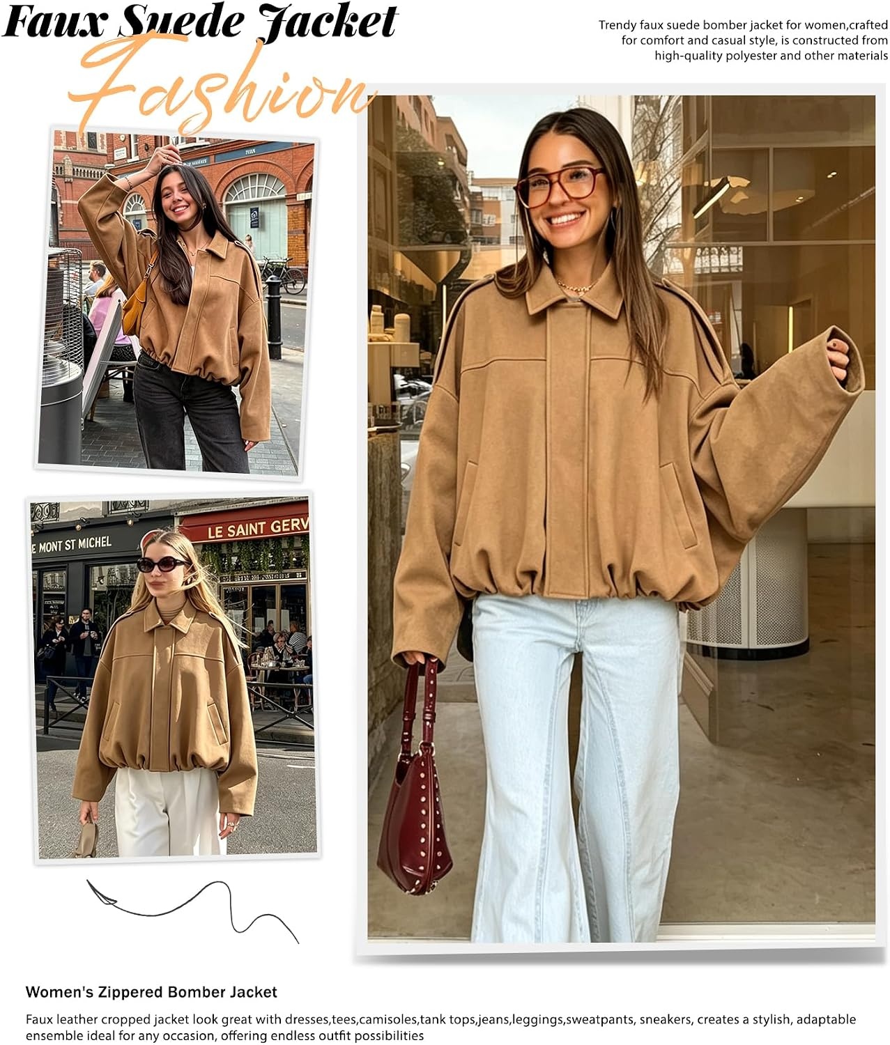 image:imageWomens Faux Suede Bomber Jacket Oversized Long Sleeve Cropped Coat Lightweight Going Out Suede Jackets 2 Pockets Lapel Collar Batwing Sleeve Zip up Outerwear for Casual Daily VacationKhaki