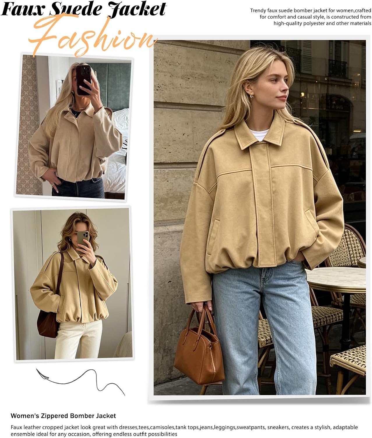 image:imageWomens Faux Suede Bomber Jacket Oversized Long Sleeve Cropped Coat Lightweight Going Out Suede Jackets 2 Pockets Lapel Collar Batwing Sleeve Zip up Outerwear for Casual Daily VacationLightkhaki