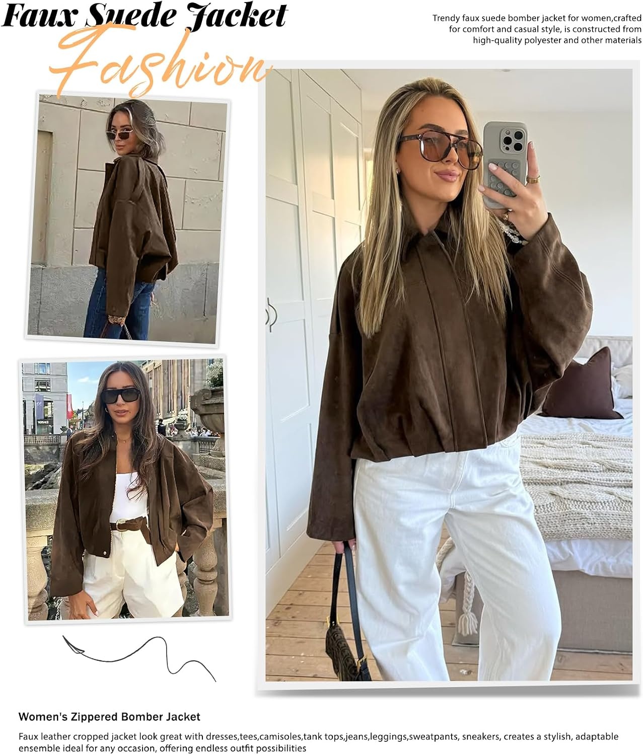 image:imageWomens Faux Suede Bomber Jacket Oversized Long Sleeve Cropped Coat Lightweight Going Out Suede Jackets 2 Pockets Lapel Collar Batwing Sleeve Zip up Outerwear for Casual Daily VacationBrown