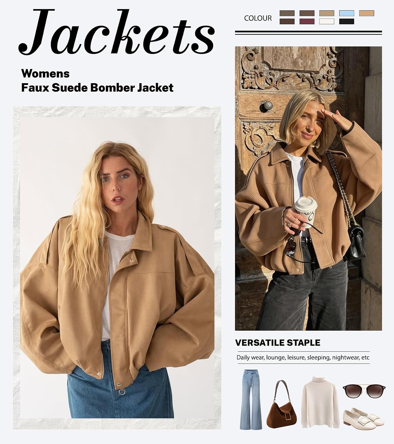 image:imageWomens Faux Suede Bomber Jacket Oversized Long Sleeve Cropped Coat Lightweight Going Out Suede Jackets 2 Pockets Lapel Collar Batwing Sleeve Zip up Outerwear for Casual Daily VacationKhaki