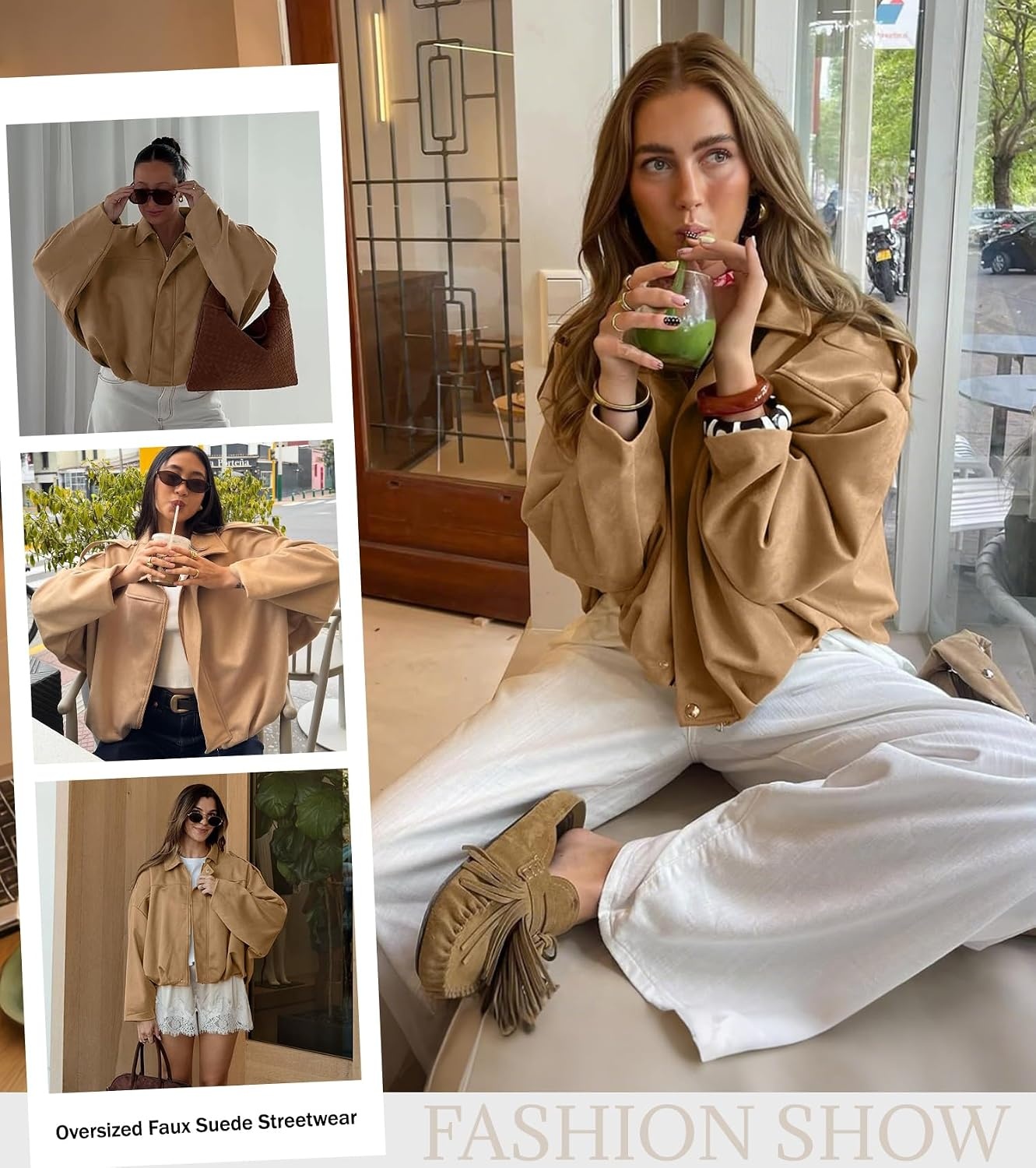image:imageWomens Faux Suede Bomber Jacket Oversized Long Sleeve Cropped Coat Lightweight Going Out Suede Jackets 2 Pockets Lapel Collar Batwing Sleeve Zip up Outerwear for Casual Daily VacationKhaki