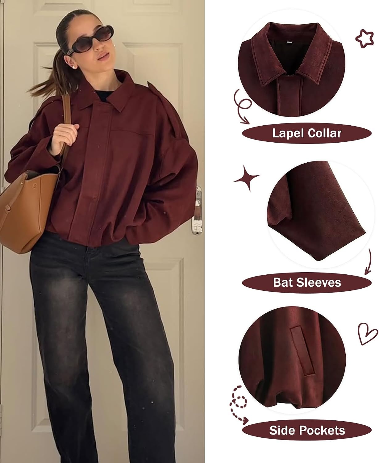 image:imageWomens Faux Suede Bomber Jacket Oversized Long Sleeve Cropped Coat Lightweight Going Out Suede Jackets 2 Pockets Lapel Collar Batwing Sleeve Zip up Outerwear for Casual Daily VacationPurple