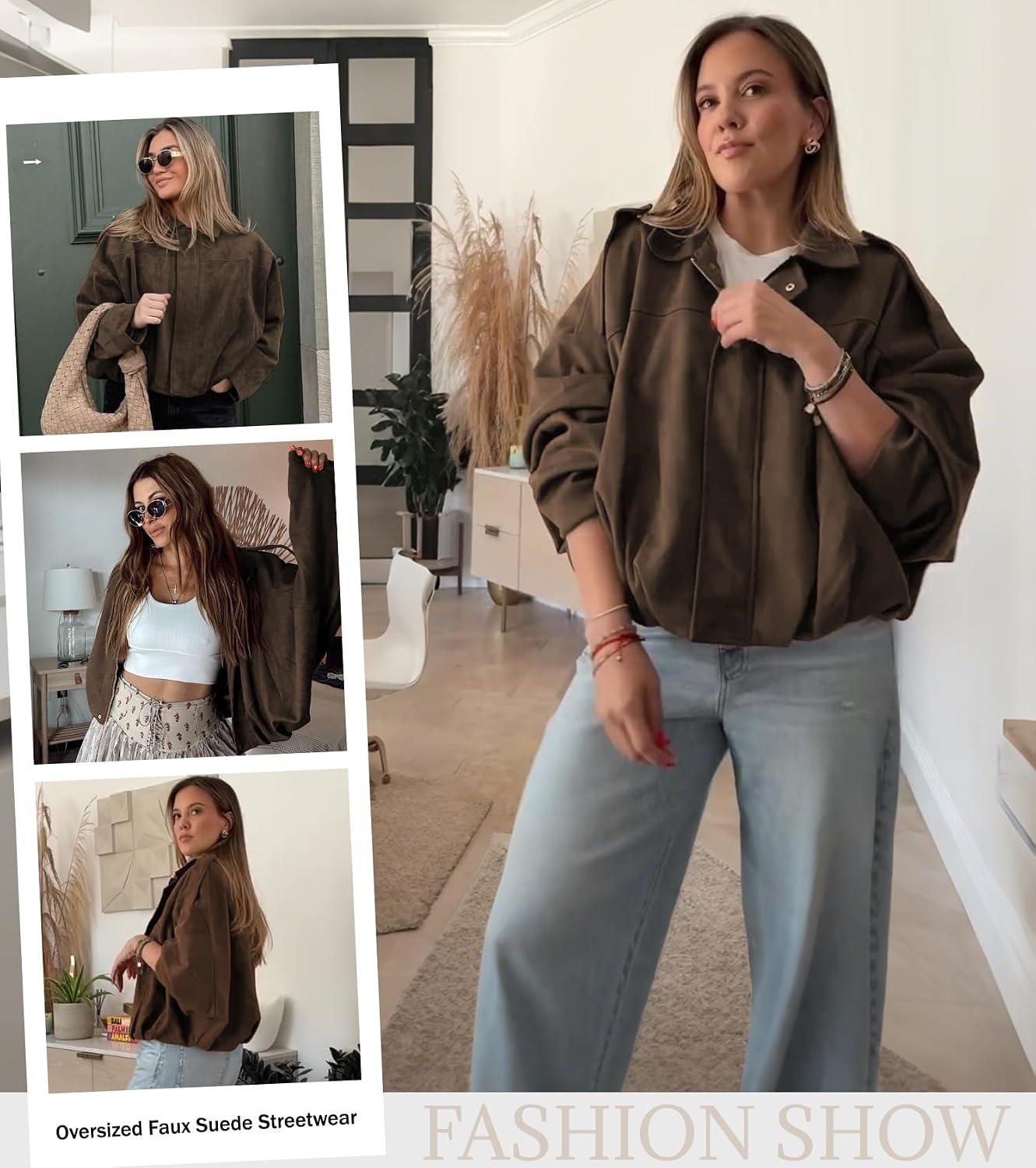 image:imageWomens Faux Suede Bomber Jacket Oversized Long Sleeve Cropped Coat Lightweight Going Out Suede Jackets 2 Pockets Lapel Collar Batwing Sleeve Zip up Outerwear for Casual Daily VacationBrown