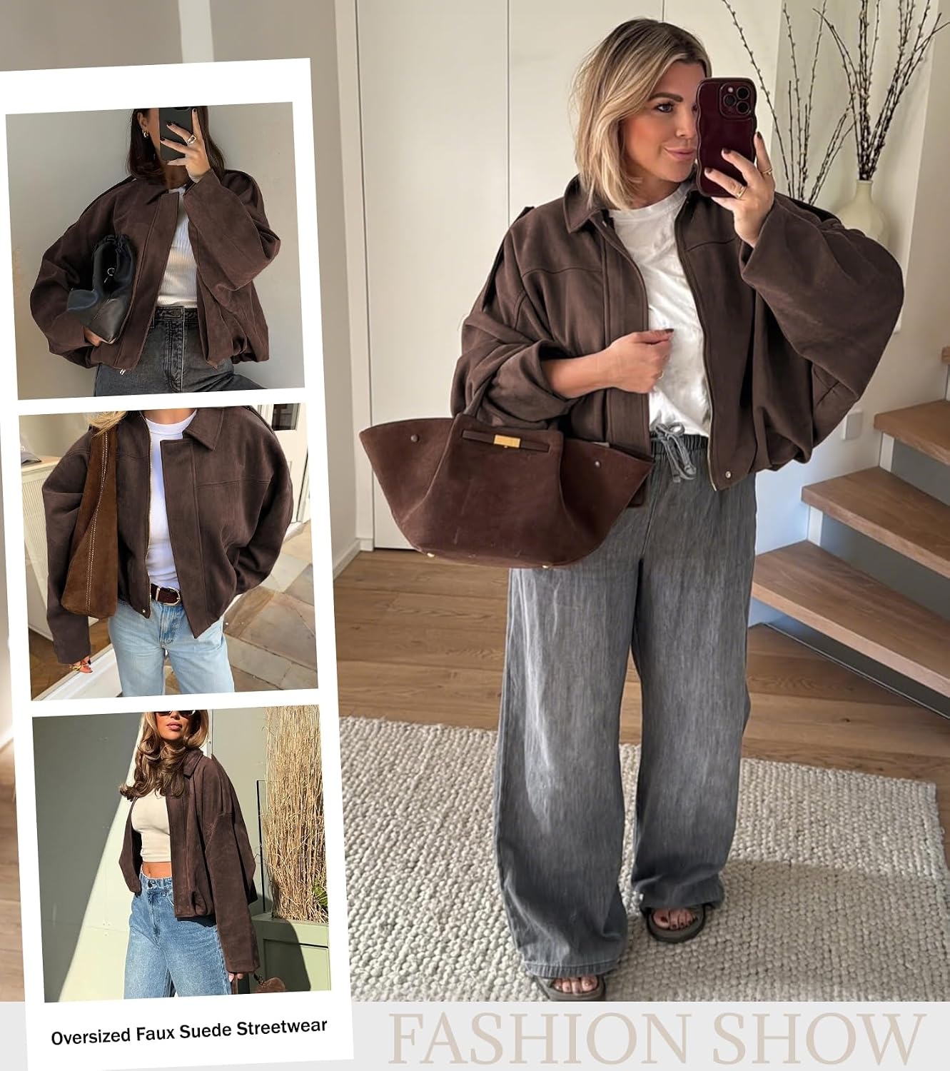 image:imageWomens Faux Suede Bomber Jacket Oversized Long Sleeve Cropped Coat Lightweight Going Out Suede Jackets 2 Pockets Lapel Collar Batwing Sleeve Zip up Outerwear for Casual Daily VacationCoffee