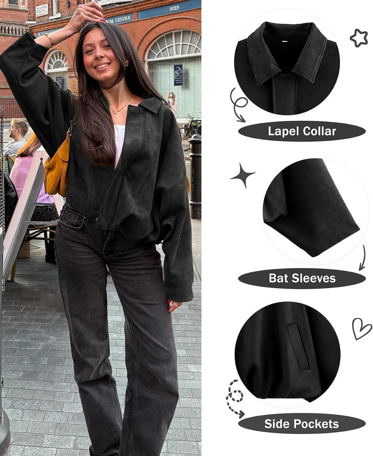 image:imageWomens Faux Suede Bomber Jacket Oversized Long Sleeve Cropped Coat Lightweight Going Out Suede Jackets 2 Pockets Lapel Collar Batwing Sleeve Zip up Outerwear for Casual Daily VacationBlack