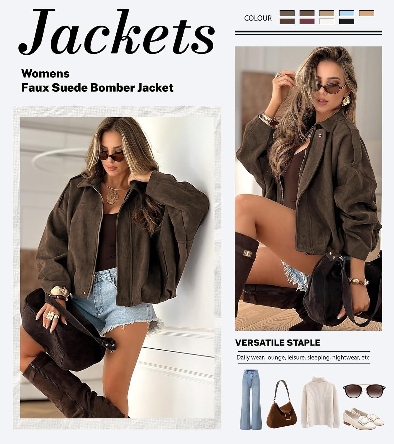 image:imageWomens Faux Suede Bomber Jacket Oversized Long Sleeve Cropped Coat Lightweight Going Out Suede Jackets 2 Pockets Lapel Collar Batwing Sleeve Zip up Outerwear for Casual Daily VacationBrown