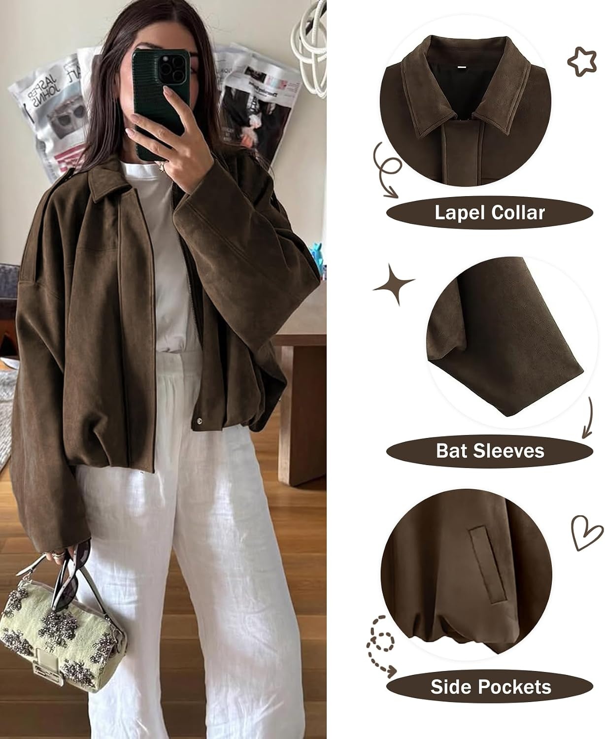 image:imageWomens Faux Suede Bomber Jacket Oversized Long Sleeve Cropped Coat Lightweight Going Out Suede Jackets 2 Pockets Lapel Collar Batwing Sleeve Zip up Outerwear for Casual Daily VacationBrown