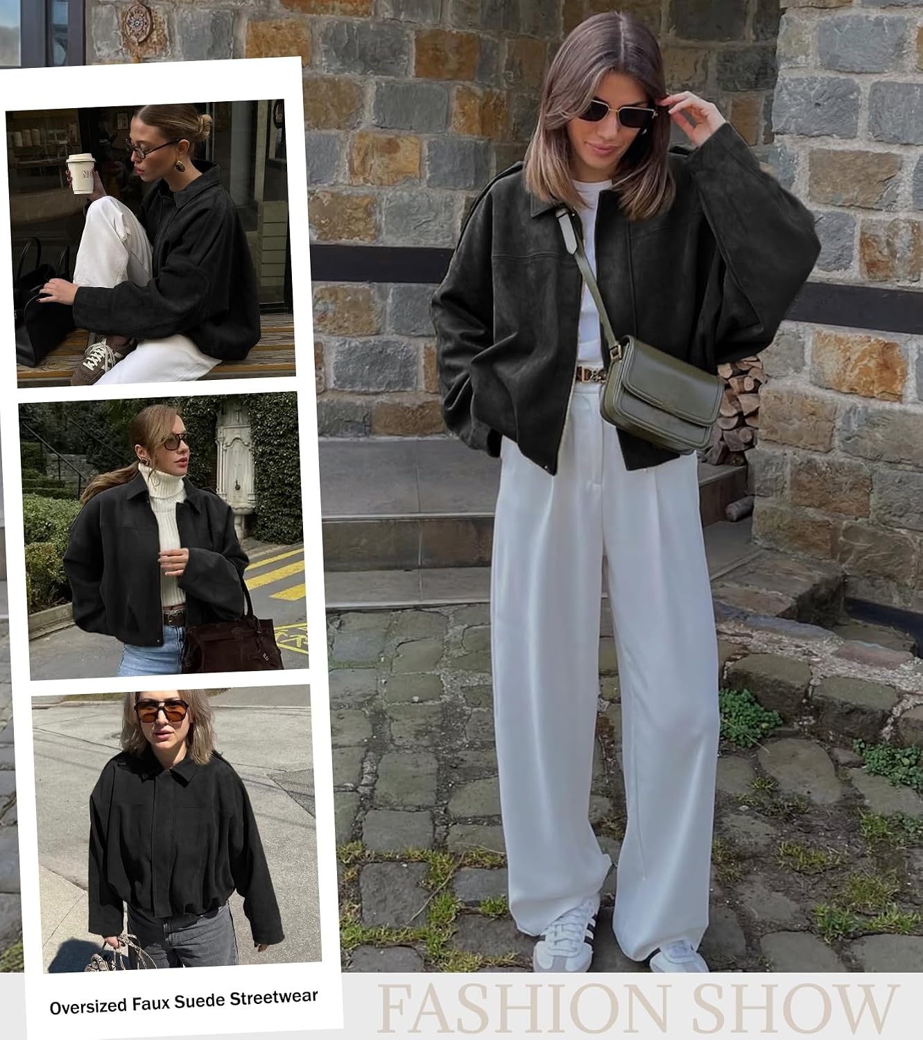 image:imageWomens Faux Suede Bomber Jacket Oversized Long Sleeve Cropped Coat Lightweight Going Out Suede Jackets 2 Pockets Lapel Collar Batwing Sleeve Zip up Outerwear for Casual Daily VacationBlack