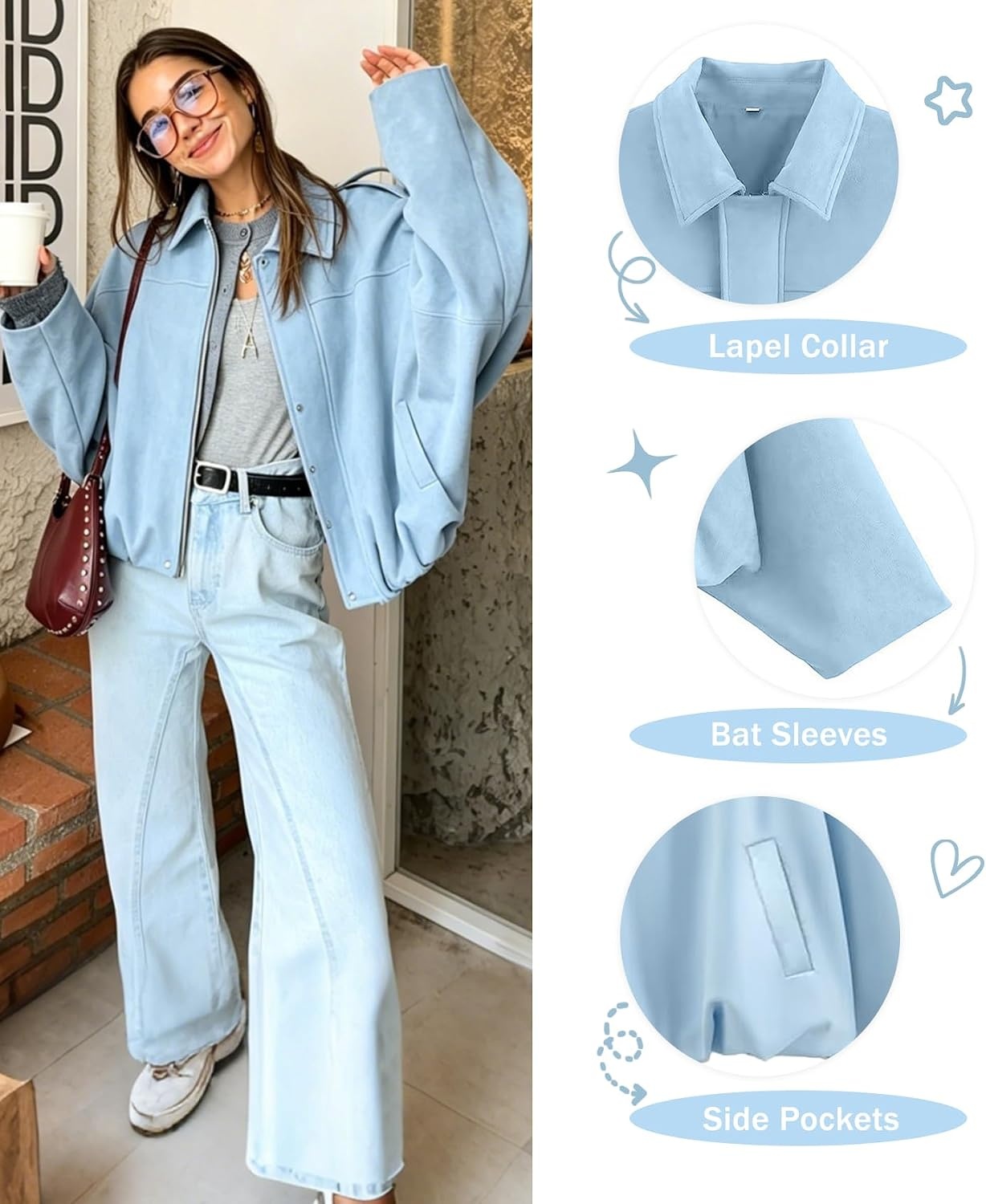 image:imageWomens Faux Suede Bomber Jacket Oversized Long Sleeve Cropped Coat Lightweight Going Out Suede Jackets 2 Pockets Lapel Collar Batwing Sleeve Zip up Outerwear for Casual Daily VacationBlue