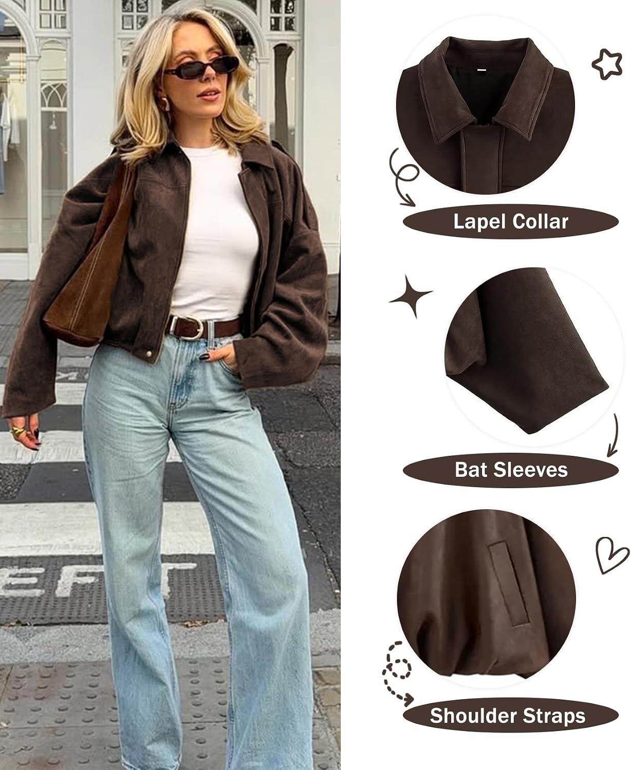 image:imageWomens Faux Suede Bomber Jacket Oversized Long Sleeve Cropped Coat Lightweight Going Out Suede Jackets 2 Pockets Lapel Collar Batwing Sleeve Zip up Outerwear for Casual Daily VacationCoffee
