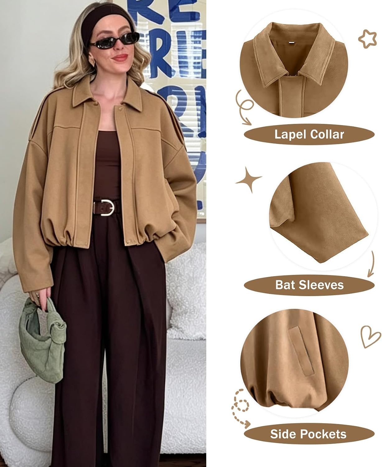 image:imageWomens Faux Suede Bomber Jacket Oversized Long Sleeve Cropped Coat Lightweight Going Out Suede Jackets 2 Pockets Lapel Collar Batwing Sleeve Zip up Outerwear for Casual Daily VacationKhaki