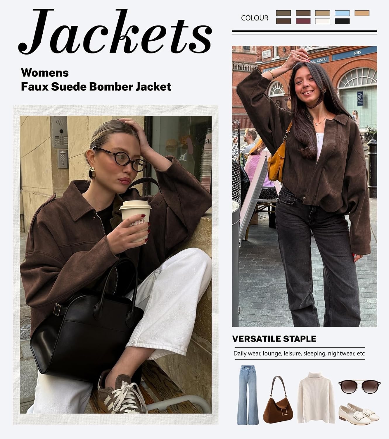 image:imageWomens Faux Suede Bomber Jacket Oversized Long Sleeve Cropped Coat Lightweight Going Out Suede Jackets 2 Pockets Lapel Collar Batwing Sleeve Zip up Outerwear for Casual Daily VacationCoffee