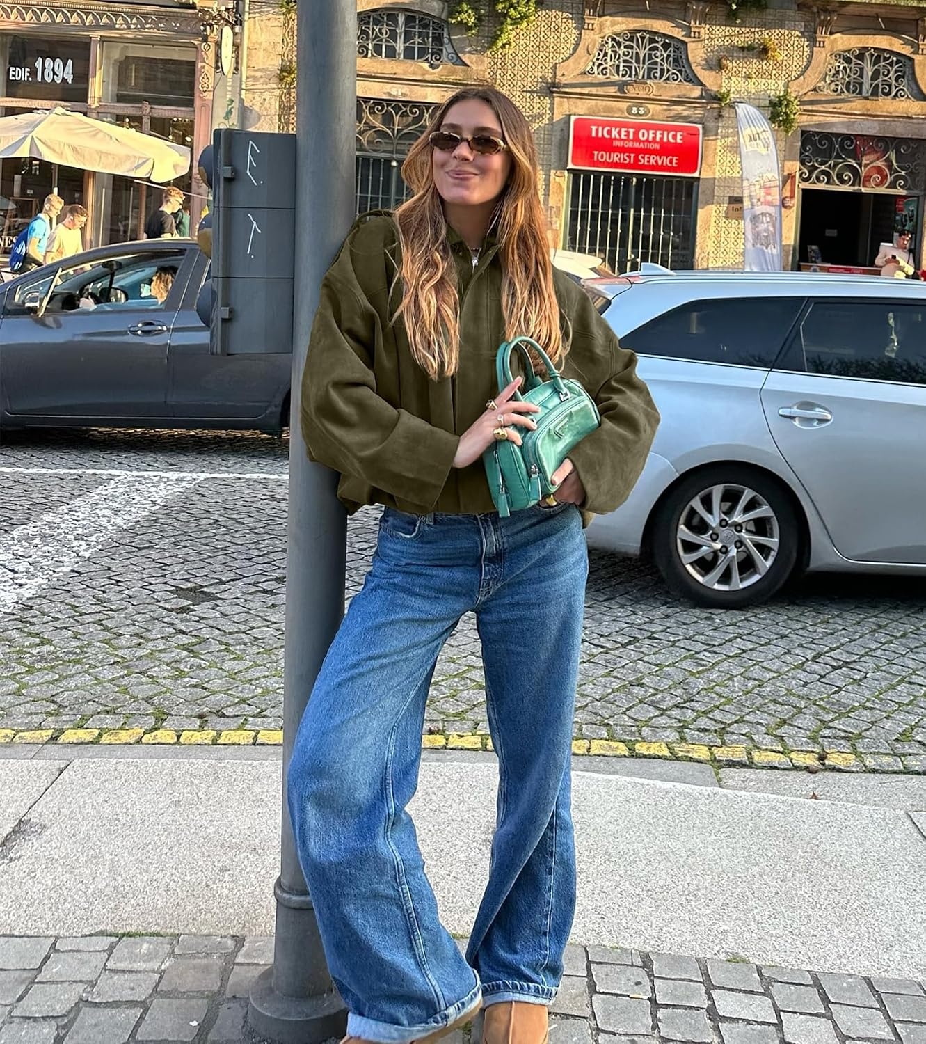 image:imageWomens Faux Suede Bomber Jacket Oversized Long Sleeve Cropped Coat Lightweight Going Out Suede Jackets 2 Pockets Lapel Collar Batwing Sleeve Zip up Outerwear for Casual Daily VacationGreen
