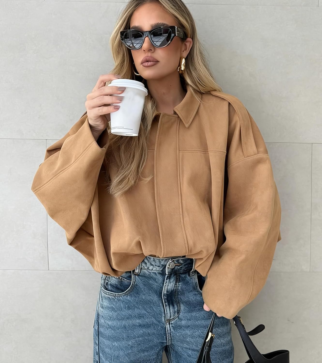 image:imageWomens Faux Suede Bomber Jacket Oversized Long Sleeve Cropped Coat Lightweight Going Out Suede Jackets 2 Pockets Lapel Collar Batwing Sleeve Zip up Outerwear for Casual Daily VacationKhaki